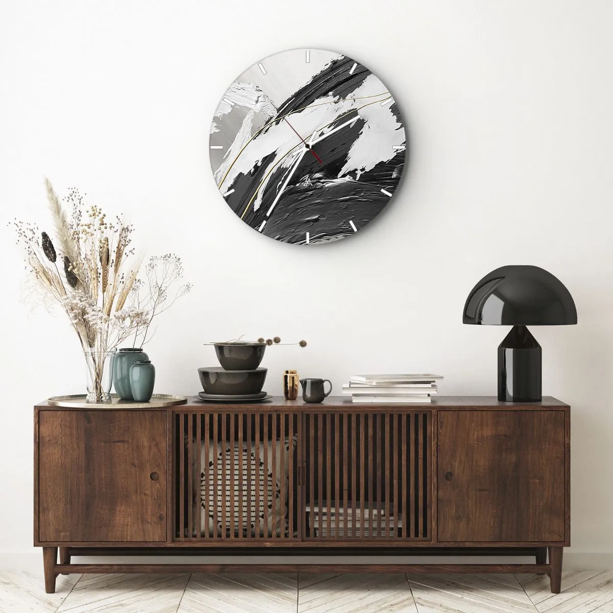 Nástenné hodiny - Dynamické ťahy štetcom v čiernej, bielej a sivej farbe - 30x30cm - Veľkorysá abstrakcia - Moderná nástenná dekorácia do obývacej izby, kuchyne a spálne ARTTOR