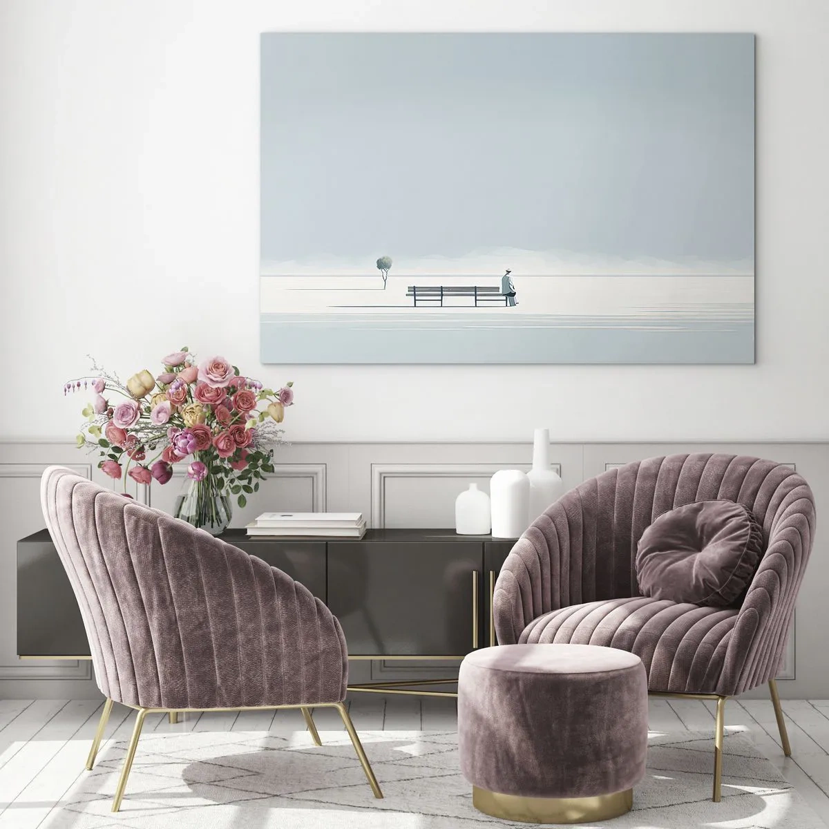 Obraz na skle - Postava na lavičke v minimalistickej krajine - 70x50cm - Áno, čakám. - Moderná nástenná dekorácia do obývacej izby a spálne ARTTOR
