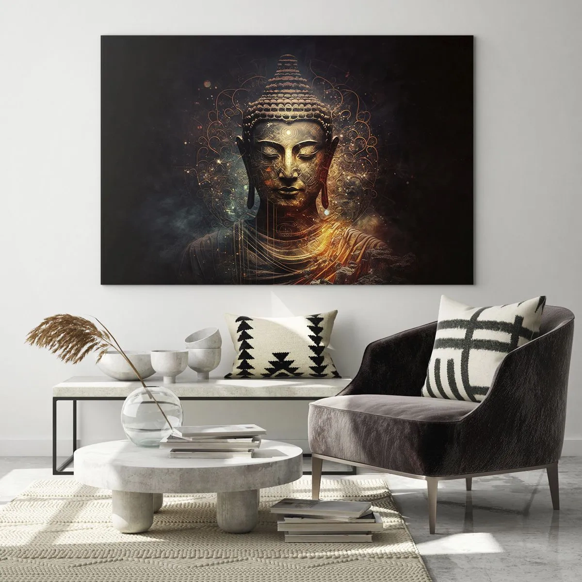 Obraz na skle - Zlatá postava Budhu na tmavom pozadí s ornamentami - 70x50cm - Duchovná rovnováha - Moderná nástenná dekorácia do obývacej izby a spálne ARTTOR