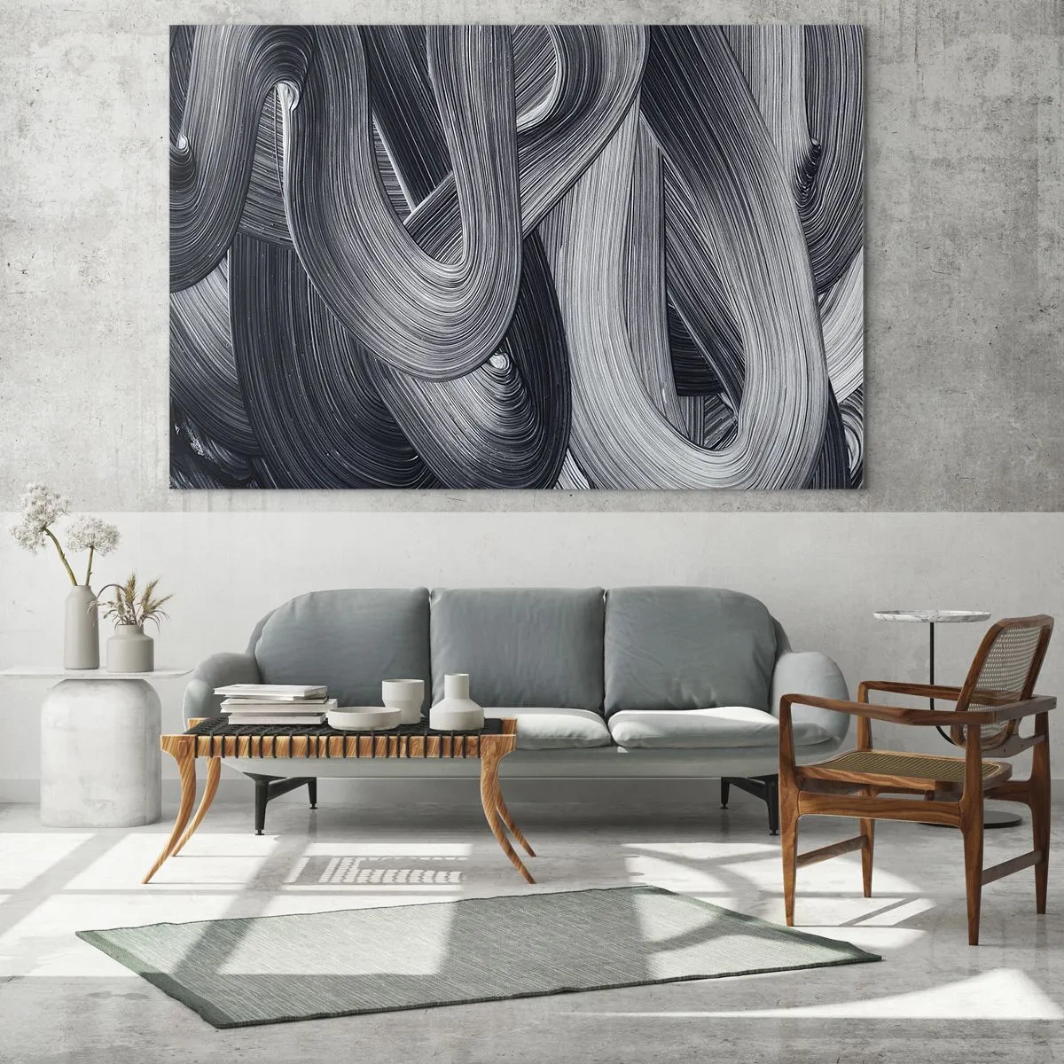 Obraz na skle - Abstraktné ťahy štetcom v odtieňoch čiernej a sivej - 70x50cm - Plynulosť reality - Moderná nástenná dekorácia do obývacej izby a spálne ARTTOR