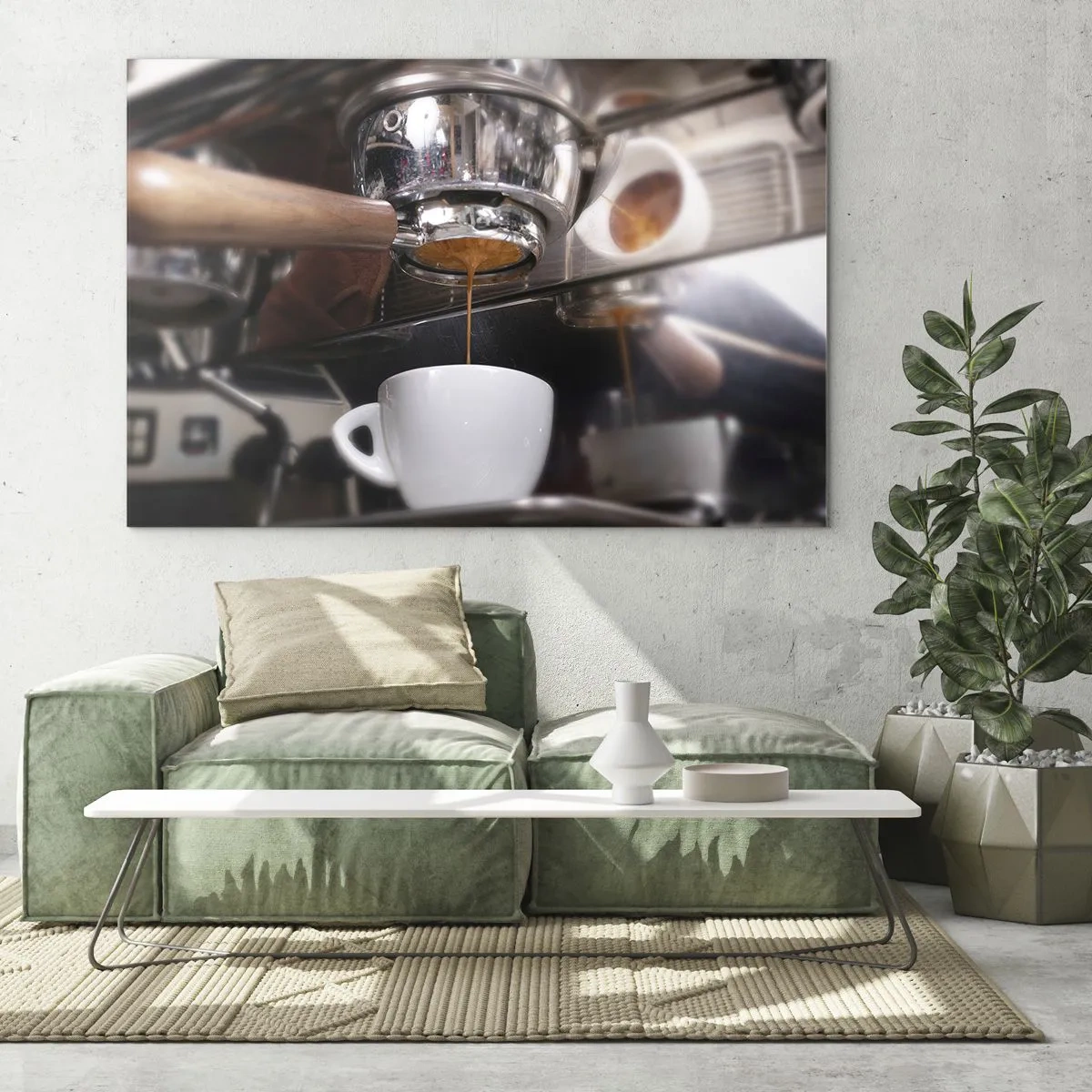 Obraz na skle - Detailný záber na šálku kávy nalievanú z tlakového kávovaru - 70x50cm - Dobrá chvíľa dňa - Moderná nástenná dekorácia do obývacej izby a spálne ARTTOR
