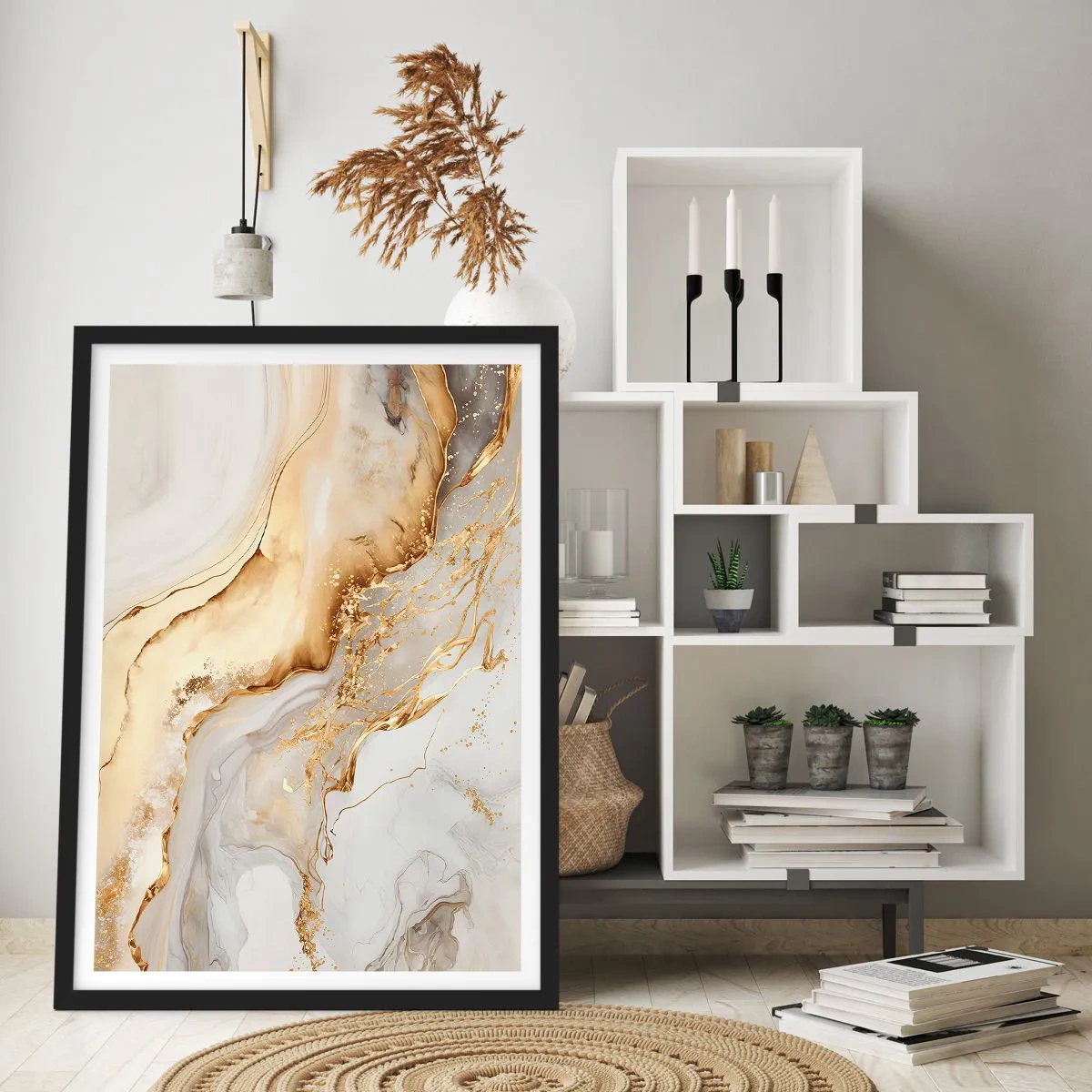 Plagát v čiernom ráme - Abstraktná kompozícia zo zlata a bieleho mramoru - 50x70cm - Abstrakcia: krása a dobro - Moderná nástenná dekorácia do obývacej izby a spálne ARTTOR