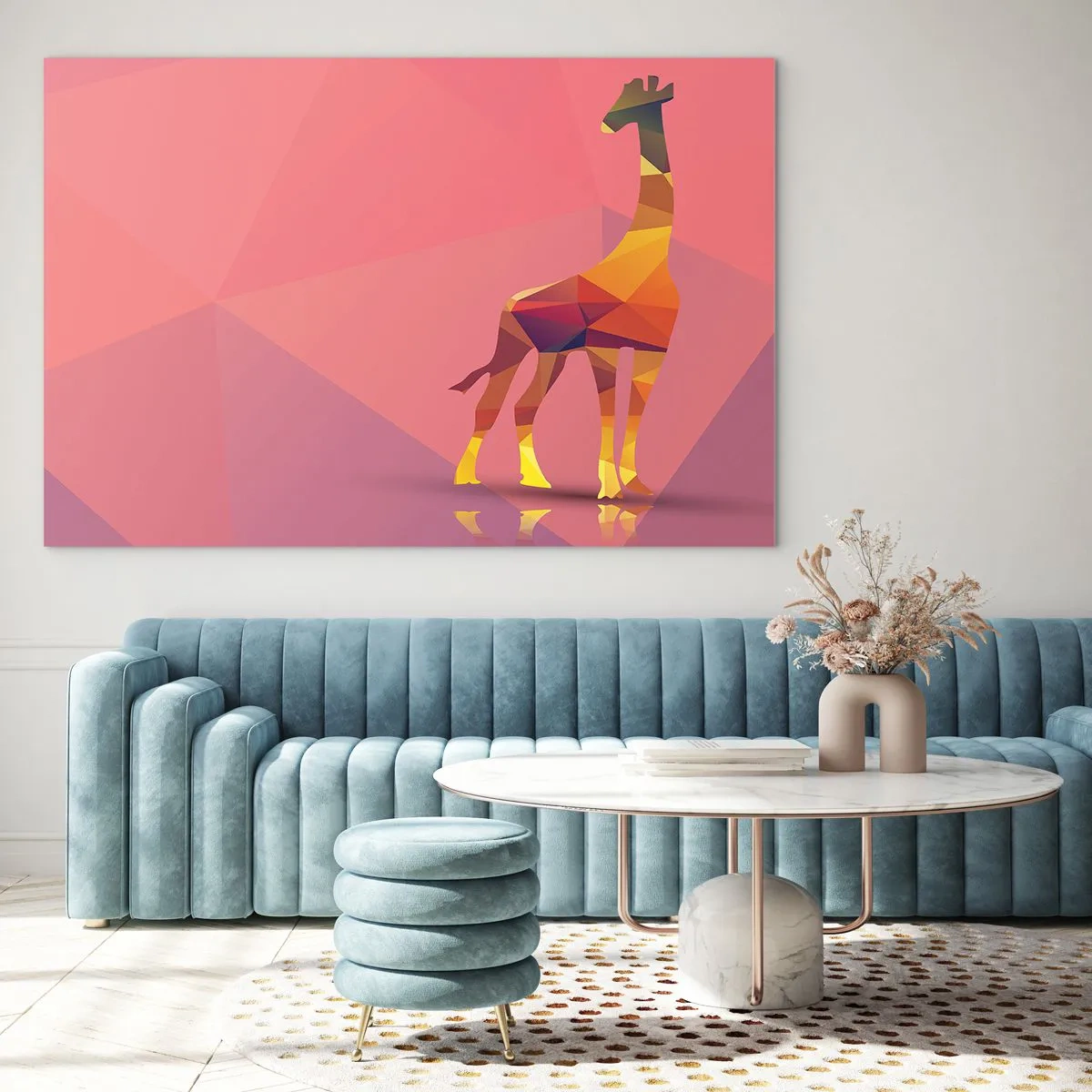 Obraz na skle - Geometrická žirafa na pastelovom pozadí - 70x50cm - V farbách savany - Moderná nástenná dekorácia do obývacej izby a spálne ARTTOR