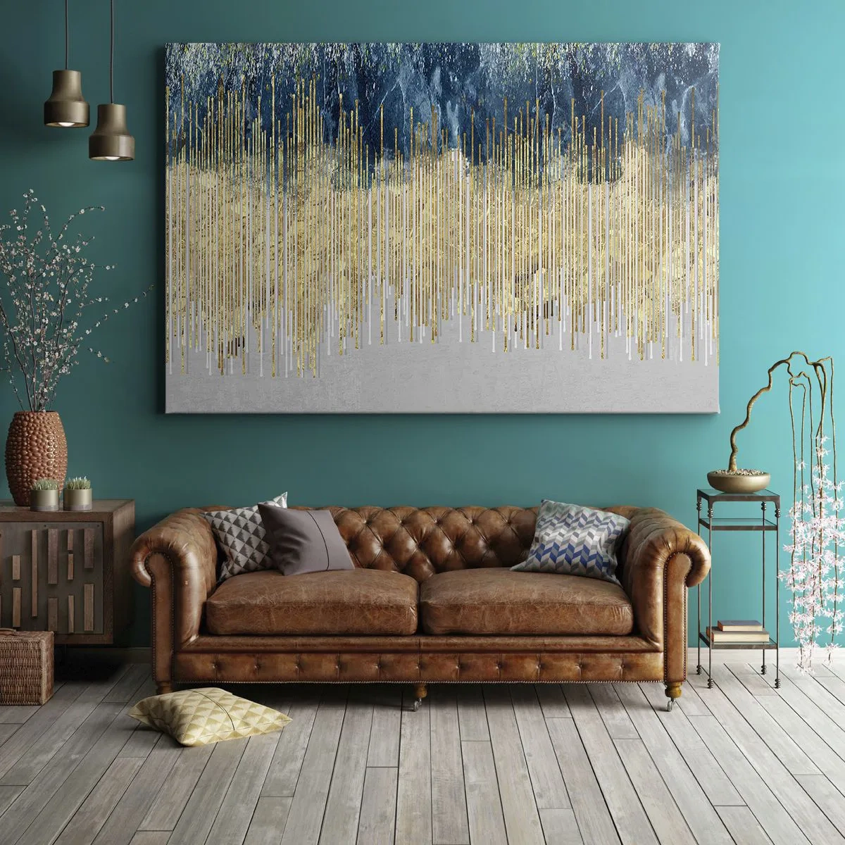 Obraz na plátne - Zlaté čiary na pozadí tmavomodrej a sivej abstrakcie - 70x50cm - Pozlátená hranica - Moderná nástenná dekorácia do obývacej izby a spálne ARTTOR