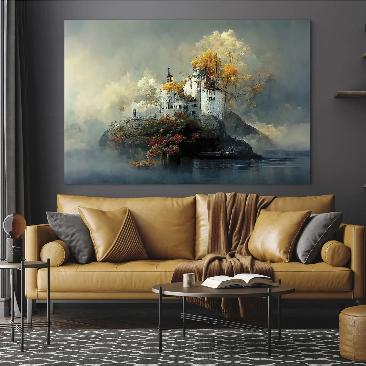 Obraz na skle - Hrad na skale obklopený hmlou a jesennými stromami - 70x50cm - Začiatok romantického príbehu - Moderná nástenná dekorácia do obývacej izby a spálne ARTTOR