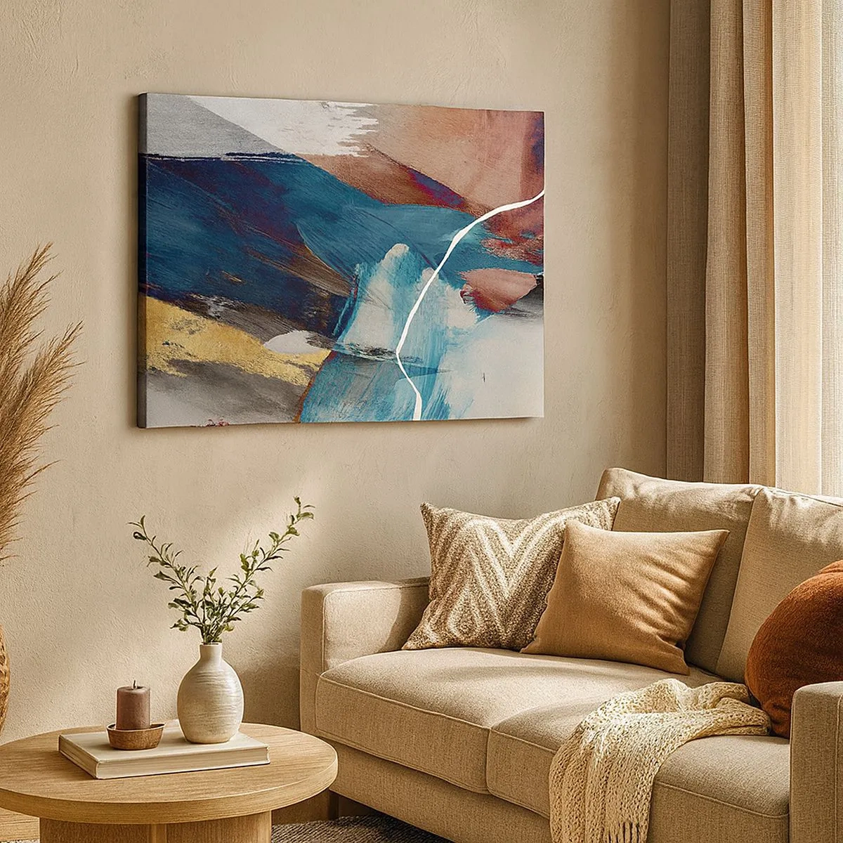 Obraz na plátne - Abstraktné ťahy štetcom v odtieňoch modrej a zlatej - 70x50cm - Na plno a s energiou - Moderná nástenná dekorácia do obývacej izby a spálne ARTTOR