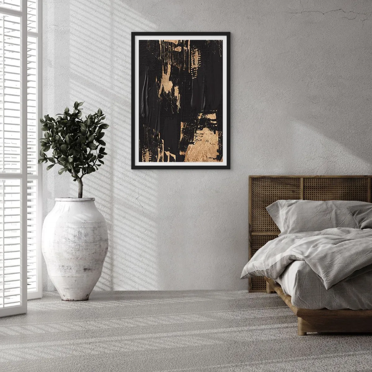 Plagát v čiernom ráme - Abstraktná maľba v čiernej a zlatej farbe - 50x70cm - Stopa dotyku - Moderná nástenná dekorácia do obývacej izby a spálne ARTTOR