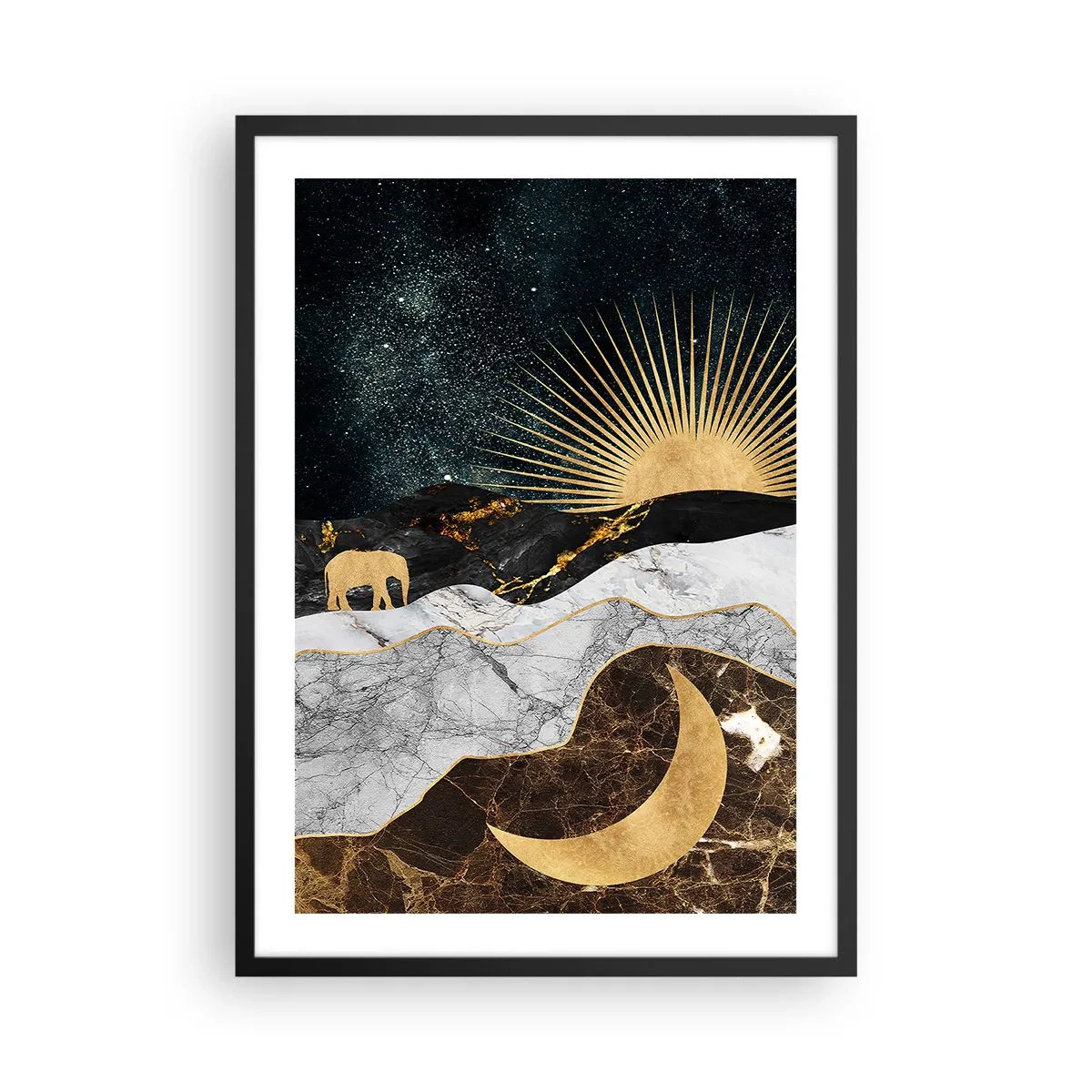 Plagát v čiernom ráme - Zlatá krajina s mesiacom, slnkom a siluetou slona - 50x70cm - Odveké práva - Moderná nástenná dekorácia do obývacej izby a spálne ARTTOR