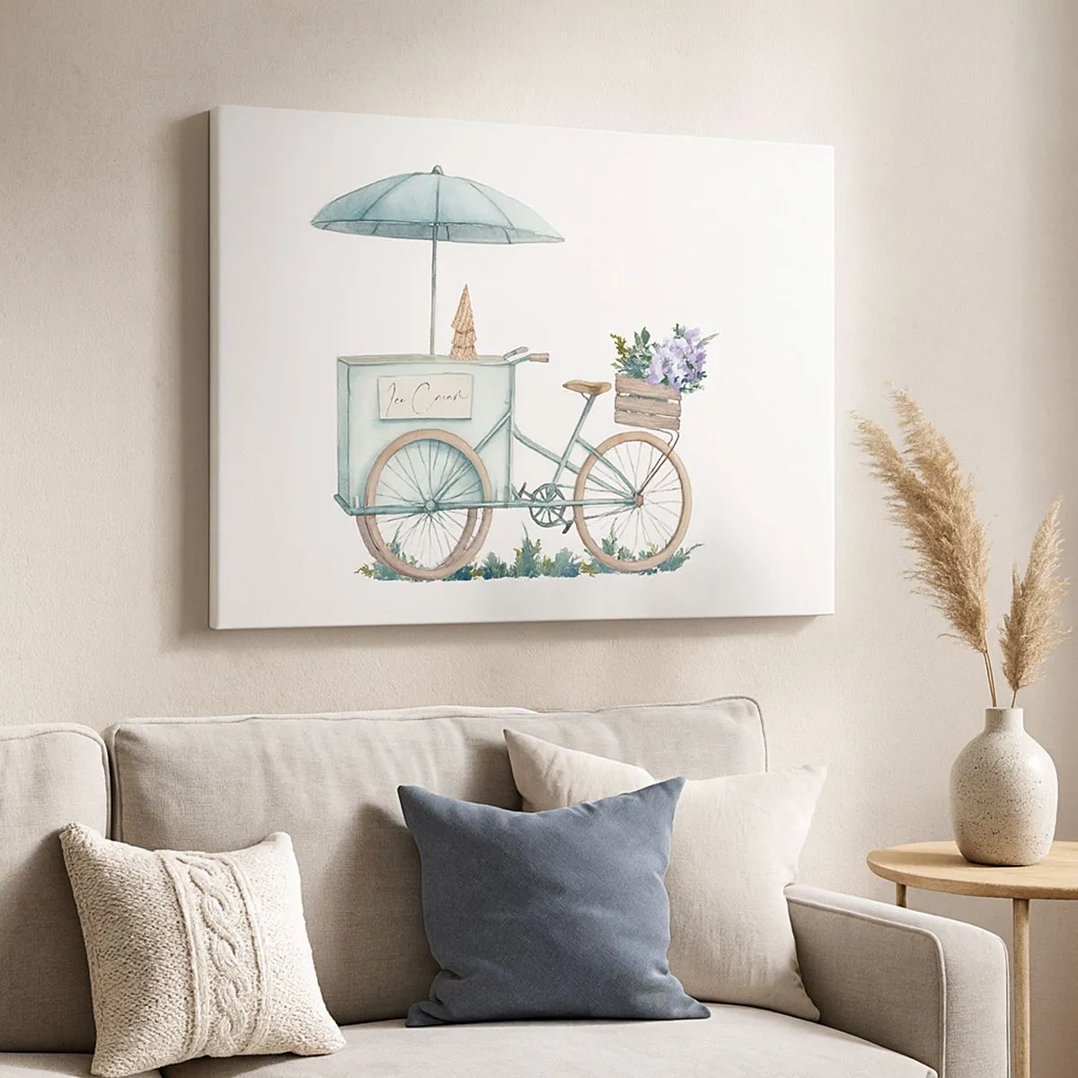 Obraz na plátne - Bicykel so zmrzlinou a kvetmi pod dáždnikom v jemných pastelových farbách - 70x50cm - Sladká spomienka na leto - Moderná nástenná dekorácia do obývacej izby a spálne ARTTOR