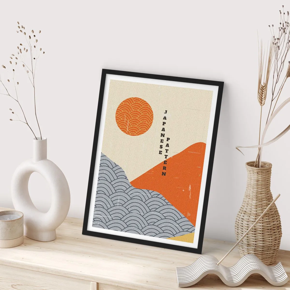Plagát v čiernom ráme - Minimalistický japonský vzor s vlnami a slnkom - 50x70cm - V japonskom duchu - Moderná nástenná dekorácia do obývacej izby a spálne ARTTOR