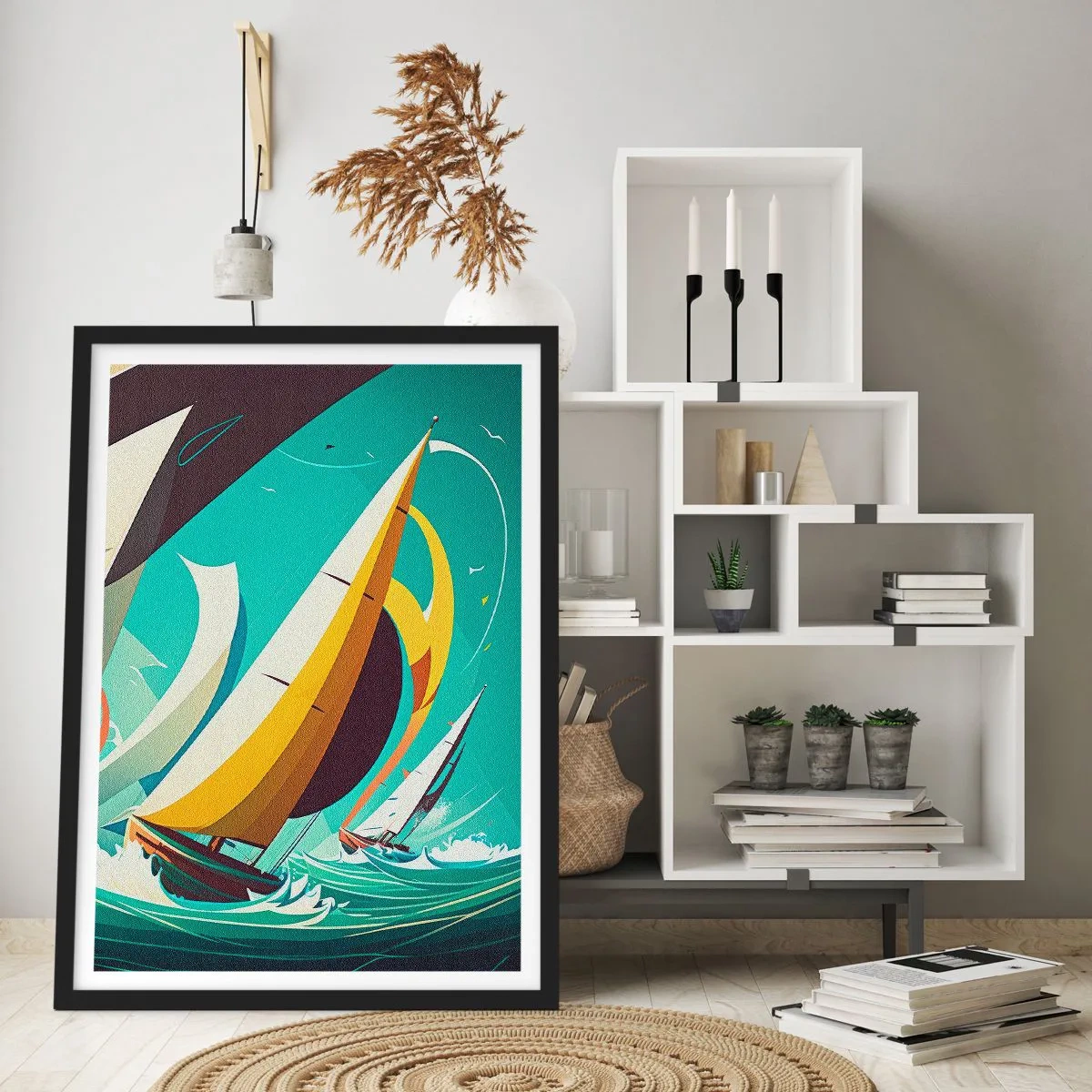 Plagát v čiernom ráme - Abstraktná plachetnícka regata na rozbúrenom mori - 50x70cm - Ako vychádzať so živlami - Moderná nástenná dekorácia do obývacej izby a spálne ARTTOR
