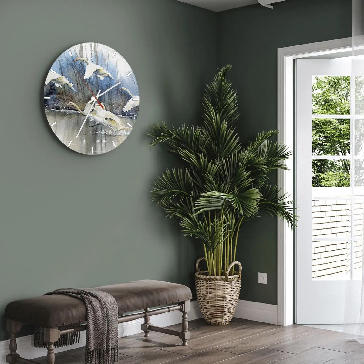 Nástenné hodiny - Labute lietajúce z hladiny jazera s lesom v pozadí - 30x30cm - Ako v poviedke o divokých labutiach - Moderná nástenná dekorácia do obývacej izby, kuchyne a spálne ARTTOR