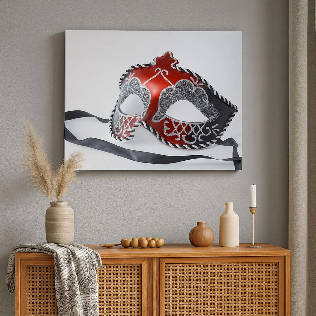 Obraz na plátne - Červená karnevalová maska na svetlom pozadí - 70x50cm - Pozvánka na bál - Moderná nástenná dekorácia do obývacej izby a spálne ARTTOR