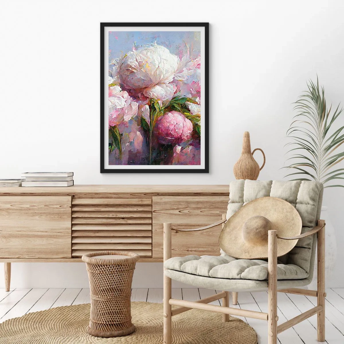 Plagát v čiernom ráme - Pivonky v romantickej, maliarskej kompozícii - 50x70cm - Kytica prekypujúca životom - Moderná nástenná dekorácia do obývacej izby a spálne ARTTOR