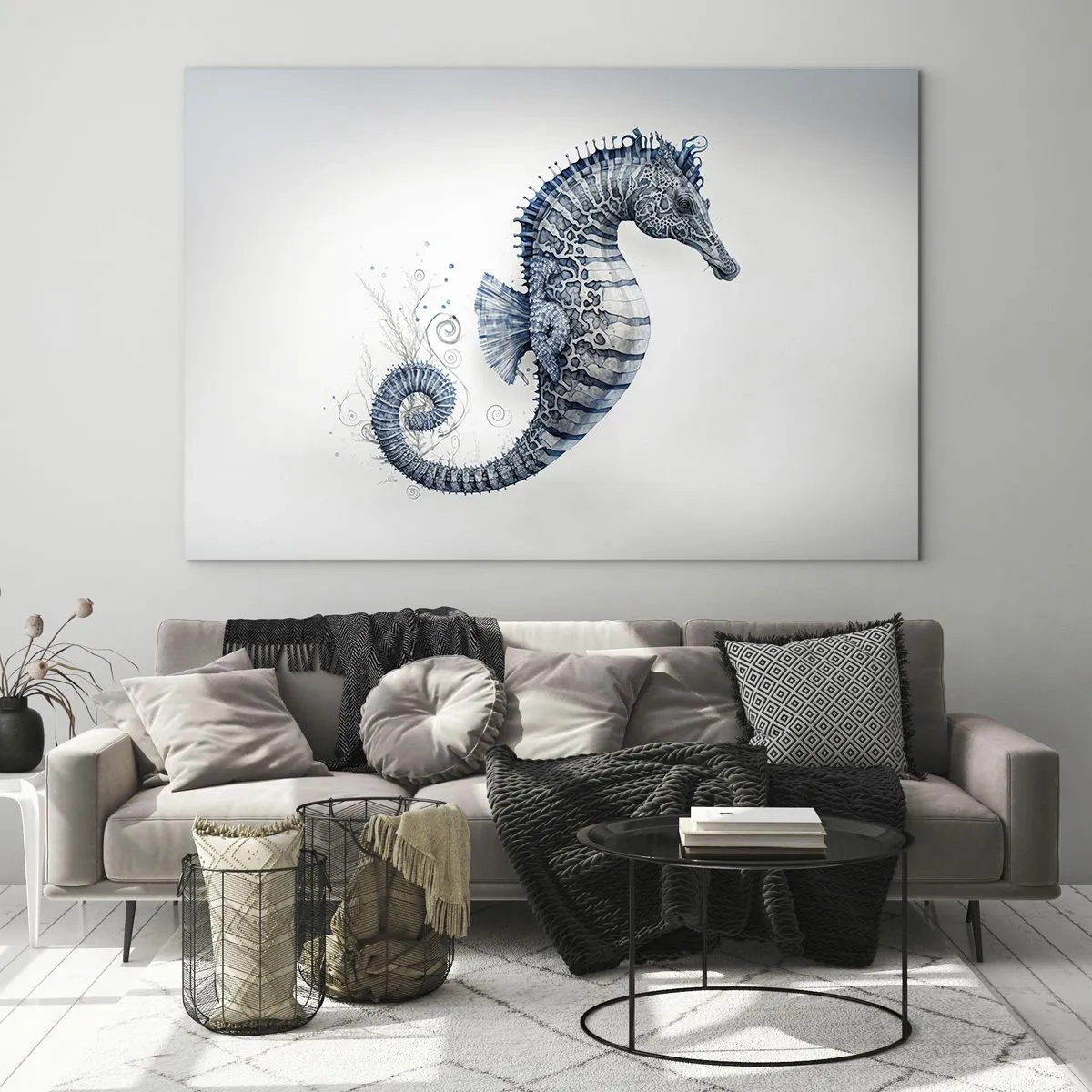 Obraz na skle - Modrý morský koník na svetlom pozadí v štýle kresby - 70x50cm - Jemný vtip prírody - Moderná nástenná dekorácia do obývacej izby a spálne ARTTOR