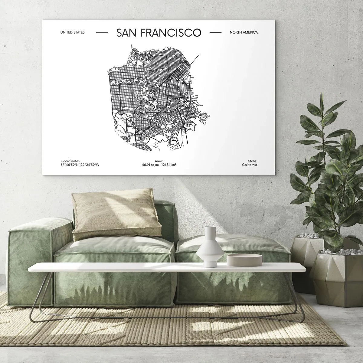 Obraz na skle - Minimalistická mapa ulíc San Francisca - 70x50cm - Anatómia San Francisca - Moderná nástenná dekorácia do obývacej izby a spálne ARTTOR