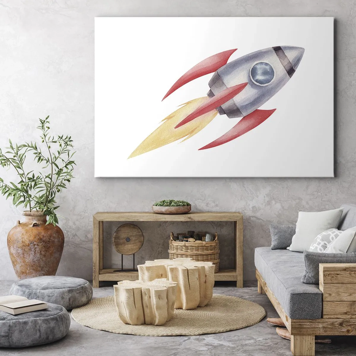 Obraz na plátne - Raketa v akvarelovom štýle na bielom pozadí - 70x50cm - Vyššie, rýchlejšie, ďalej - Moderná nástenná dekorácia do obývacej izby a spálne ARTTOR