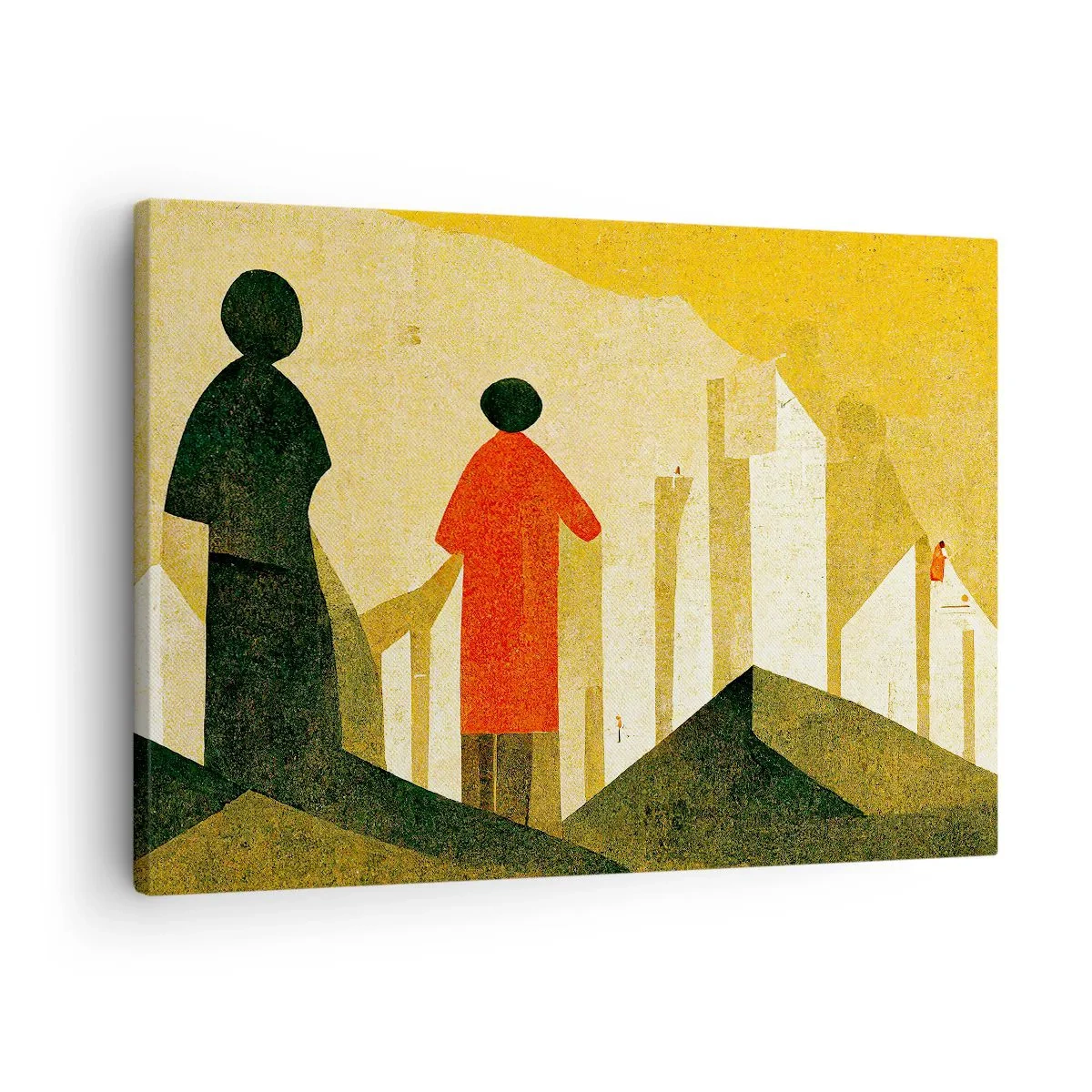 Obraz na plátne - Geometrické siluety v červenej a zelenej farbe na žltom pozadí - 70x50cm - Ešte veľmi ďaleko - Moderná nástenná dekorácia do obývacej izby a spálne ARTTOR