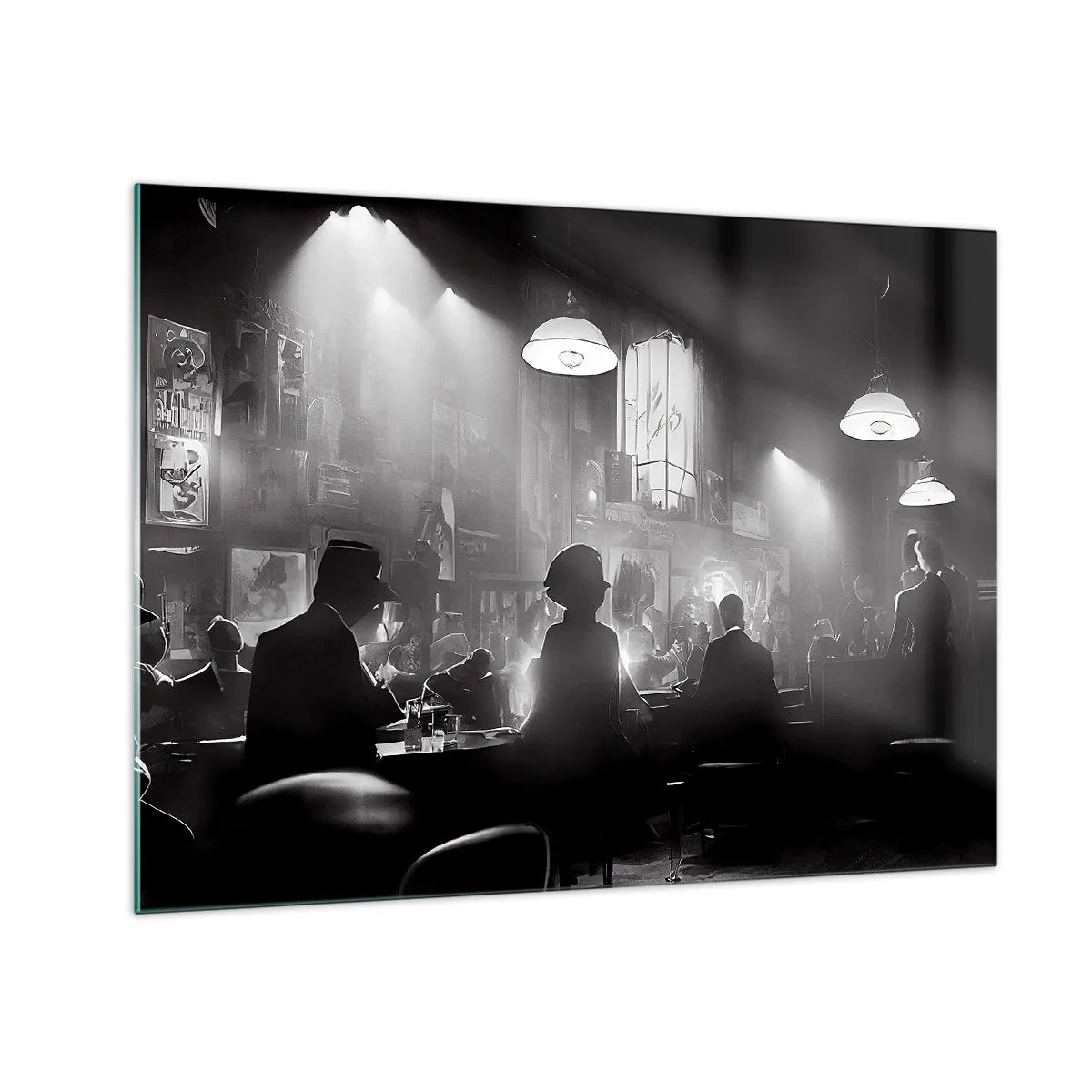 Obraz na skle - Čiernobiele jazzové pódium v interiéri klubu - 70x50cm - V jazzovej atmosfére - Moderná nástenná dekorácia do obývacej izby a spálne ARTTOR
