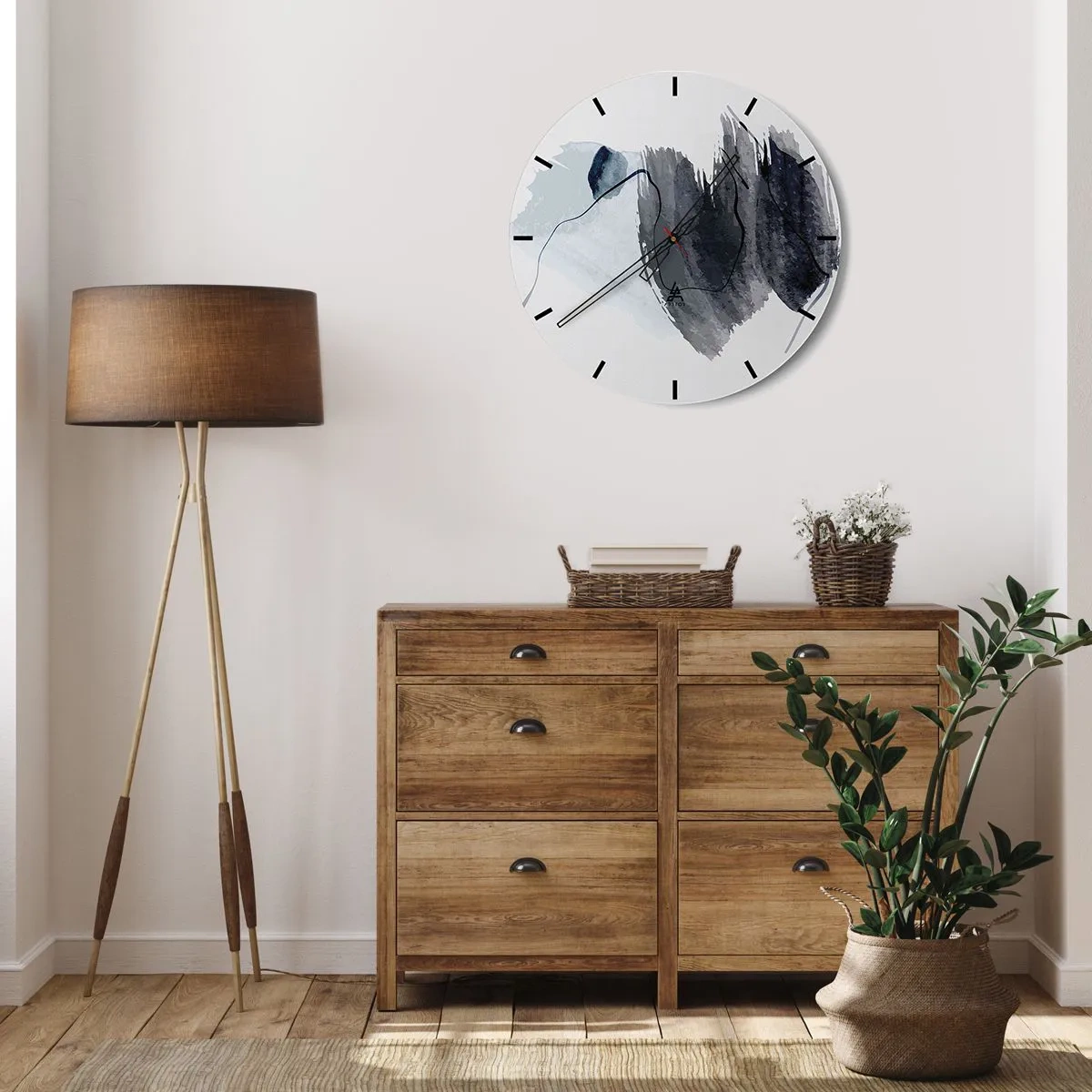 Nástenné hodiny - Tmavomodré akvarelové škvrny na svetlom pozadí - 30x30cm - Intenzita a pohyb - Moderná nástenná dekorácia do obývacej izby, kuchyne a spálne ARTTOR