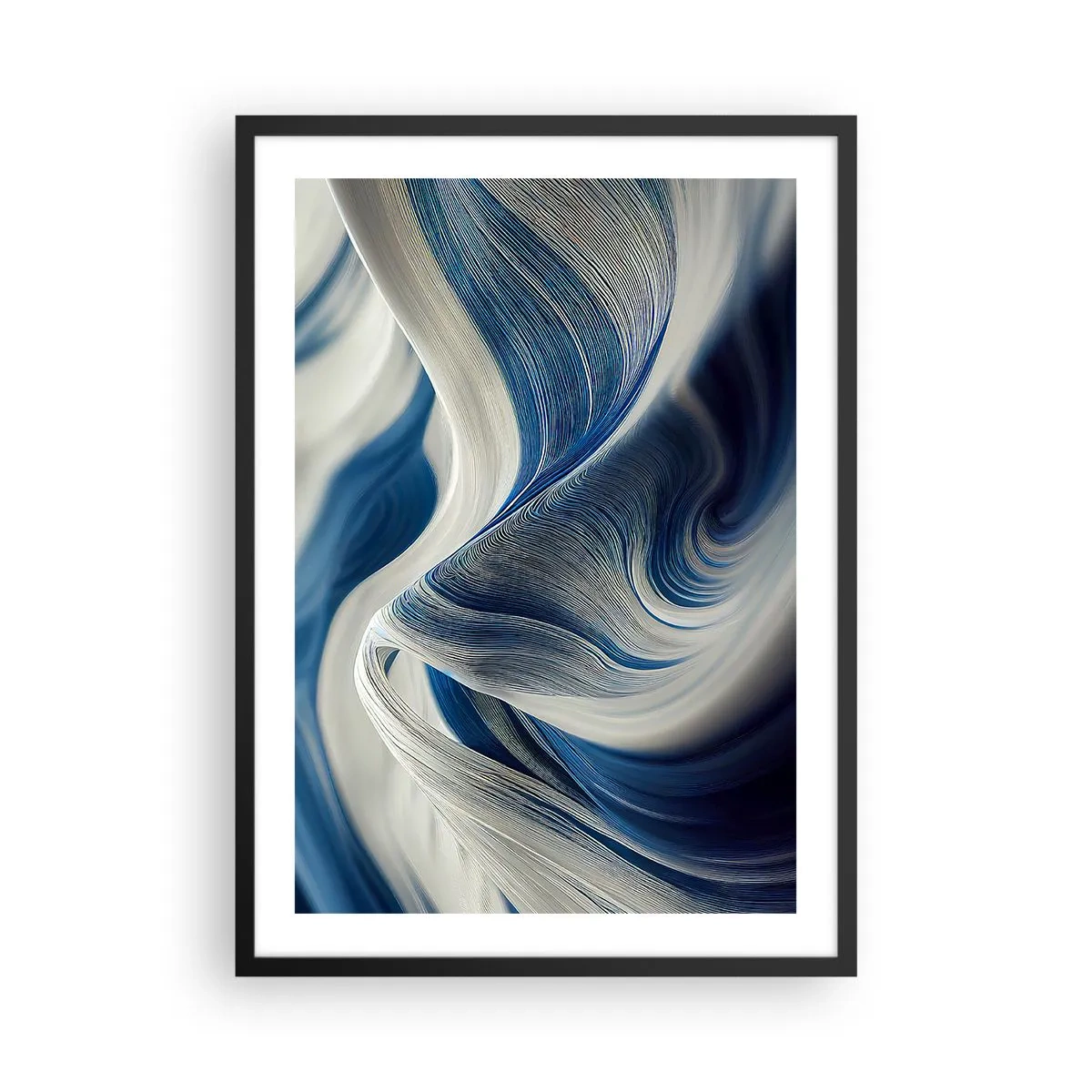 Plagát v čiernom ráme - Abstraktné vlny v odtieňoch námorníckej modrej a bielej - 50x70cm - Plynulosť modrej a bielej - Moderná nástenná dekorácia do obývacej izby a spálne ARTTOR