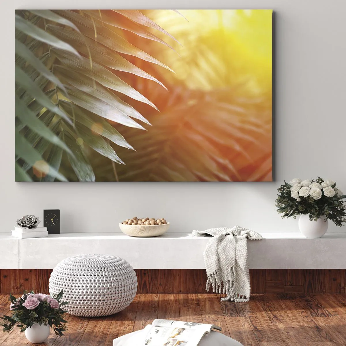 Obraz na plátne - Palmové listy v lúčoch západu slnka - 70x50cm - Ráno v džungli - Moderná nástenná dekorácia do obývacej izby a spálne ARTTOR
