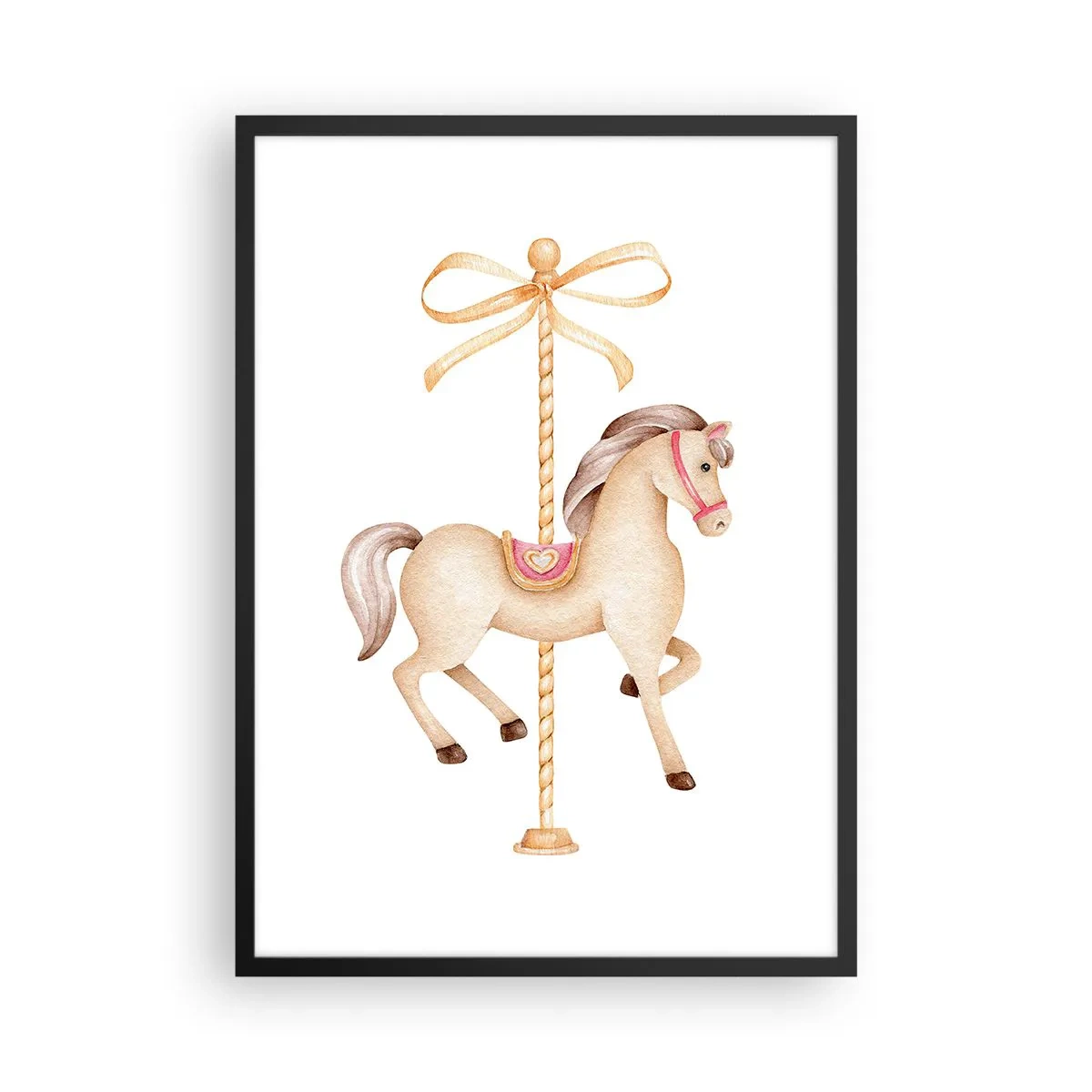 Plagát v čiernom ráme - Jemná ilustrácia koňa z kolotoča v pastelových farbách - 50x70cm - Elegantným klusom - Moderná nástenná dekorácia do obývacej izby a spálne ARTTOR