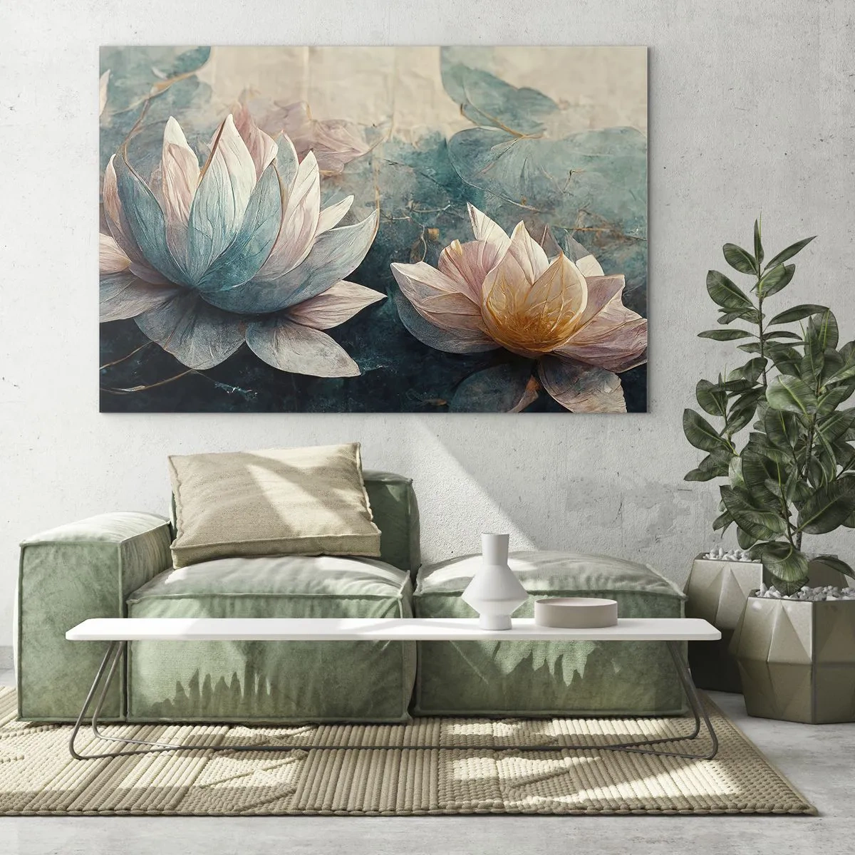 Obraz na skle - Umelecké znázornenie lotosových kvetov na pozadí vodných listov. - 70x50cm - Hviezdy a jazero - Moderná nástenná dekorácia do obývacej izby a spálne ARTTOR