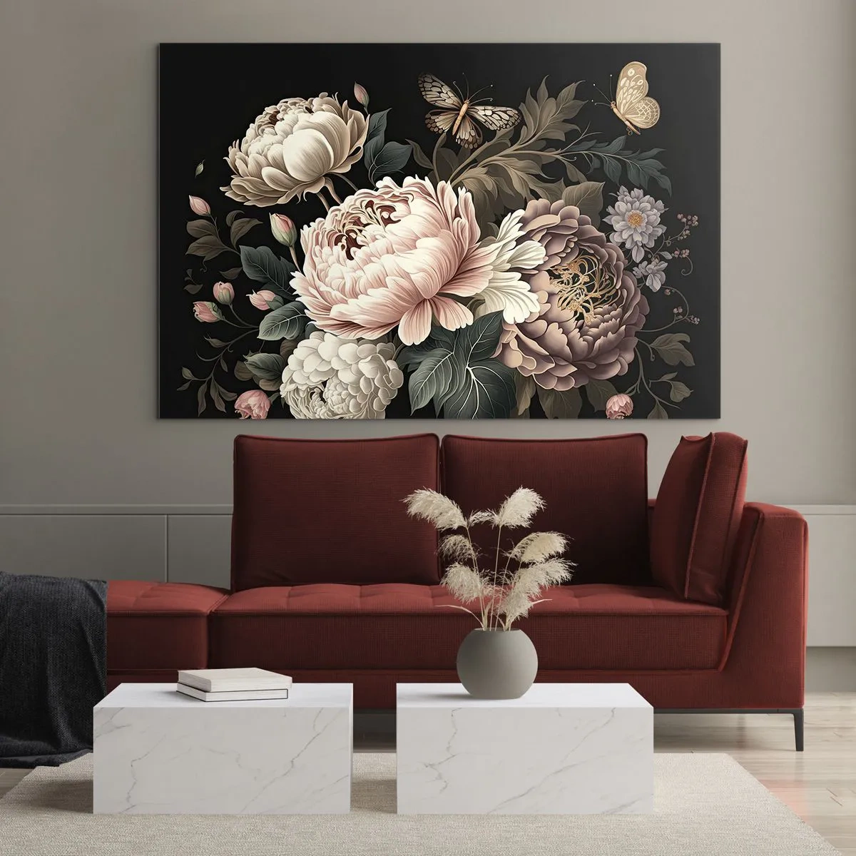 Obraz na skle - Kvetinová kompozícia s motýľmi na čiernom pozadí - 70x50cm - V barokovom štýle - Moderná nástenná dekorácia do obývacej izby a spálne ARTTOR