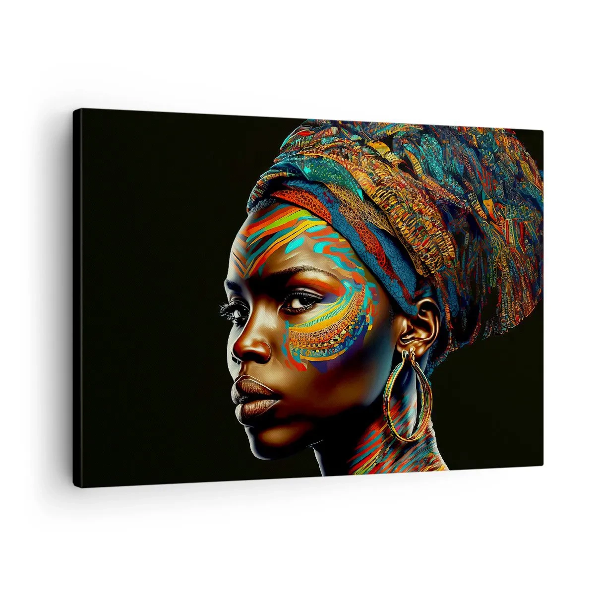 Obraz na plátne - Portrét ženy s farebným vzorom a turbanom - 70x50cm - Africká kráľovná - Moderná nástenná dekorácia do obývacej izby a spálne ARTTOR