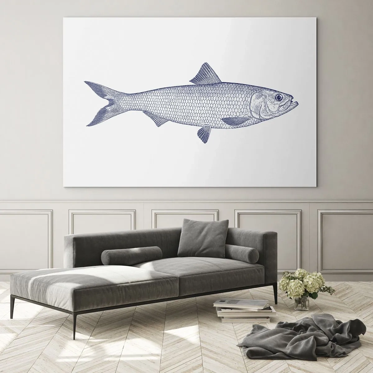 Obraz na skle - Náčrt ryby vo vintage štýle na svetlom pozadí - 70x50cm - Pozdravy zo severných morí - Moderná nástenná dekorácia do obývacej izby a spálne ARTTOR