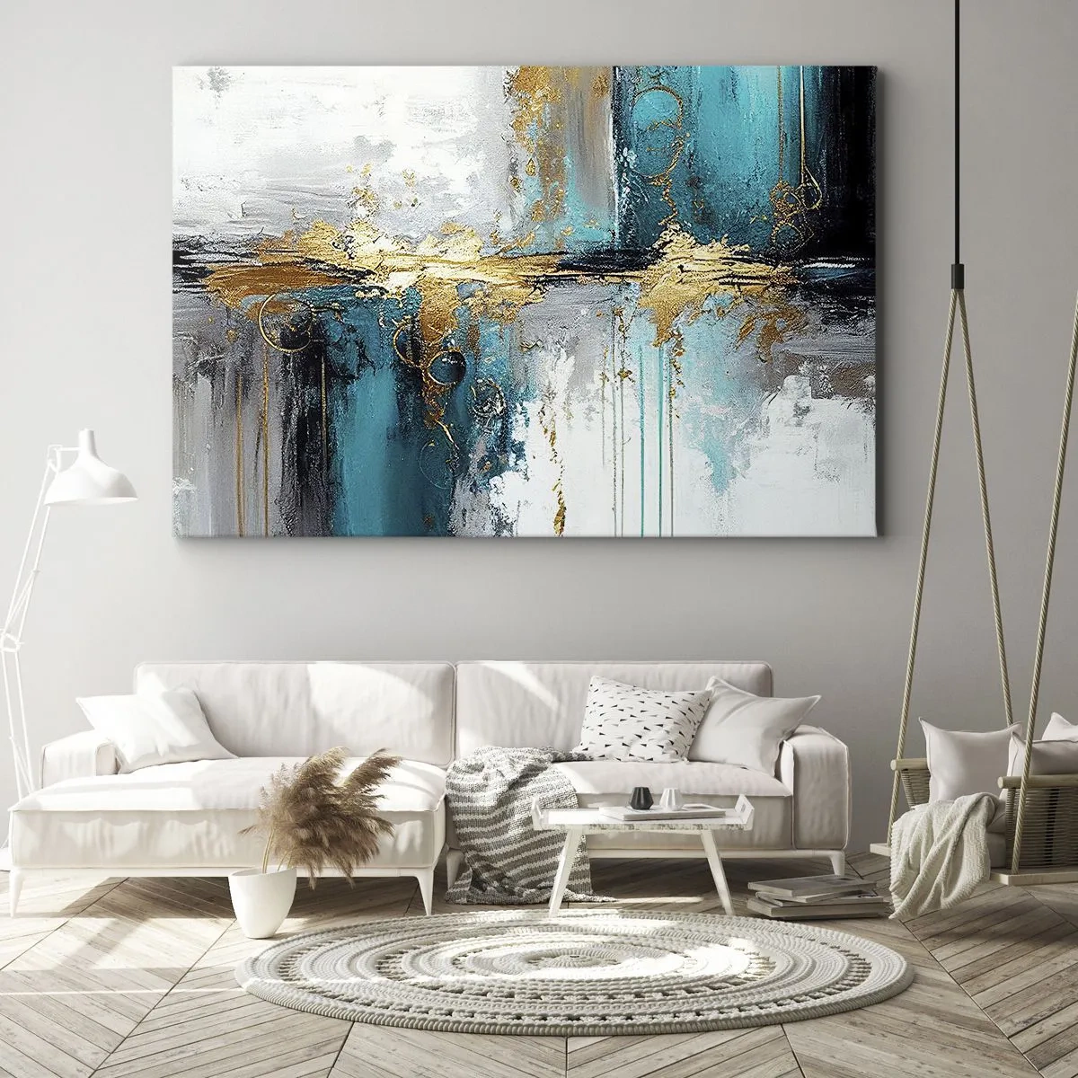 Obraz na plátne - Abstraktná kompozícia s tyrkysovými a zlatými akcentmi. - 70x50cm - Všetko plynie - Moderná nástenná dekorácia do obývacej izby a spálne ARTTOR