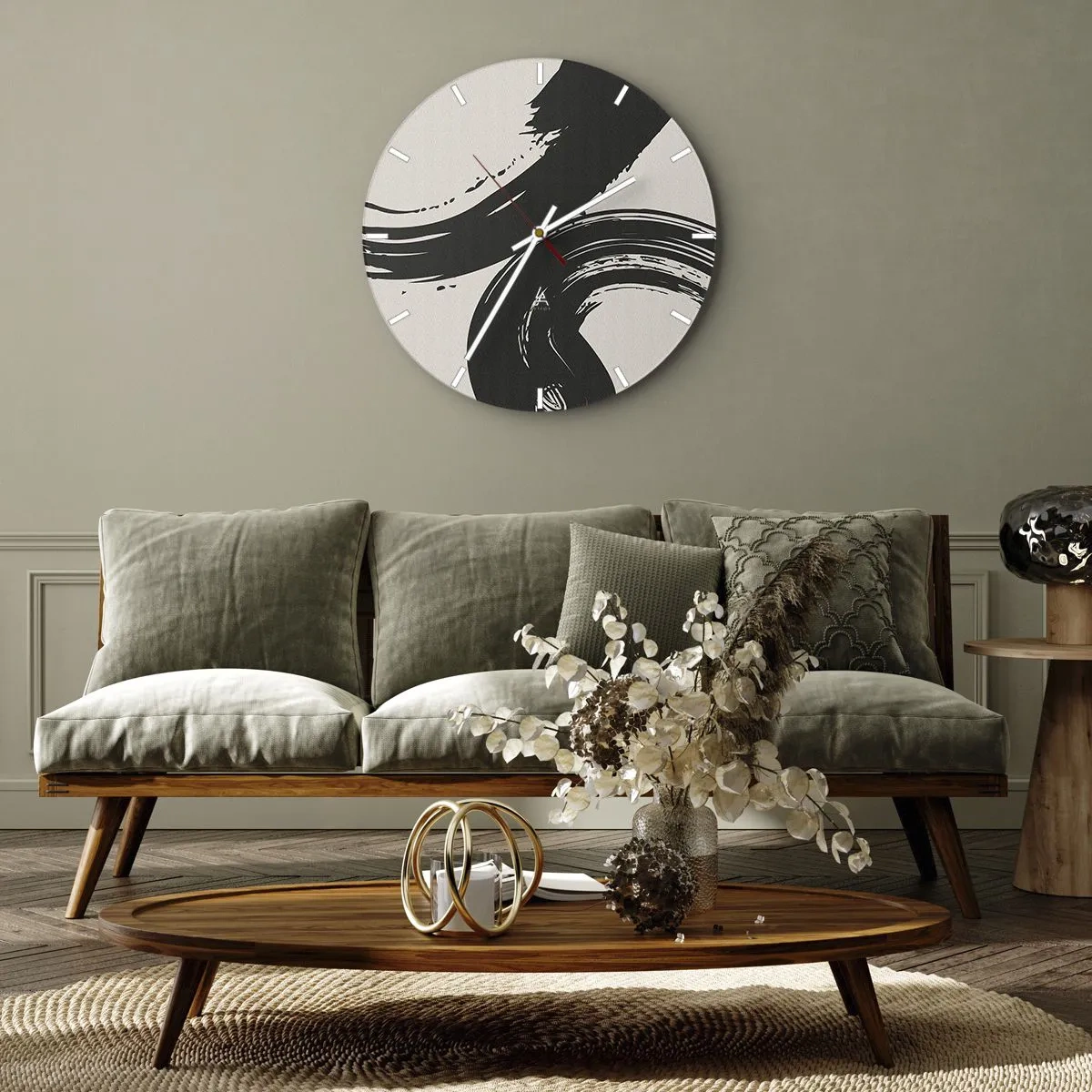 Nástenné hodiny - Čierne rozmachové ťahy na svetlom pozadí - 30x30cm - S rozmachom a dookola - Moderná nástenná dekorácia do obývacej izby, kuchyne a spálne ARTTOR
