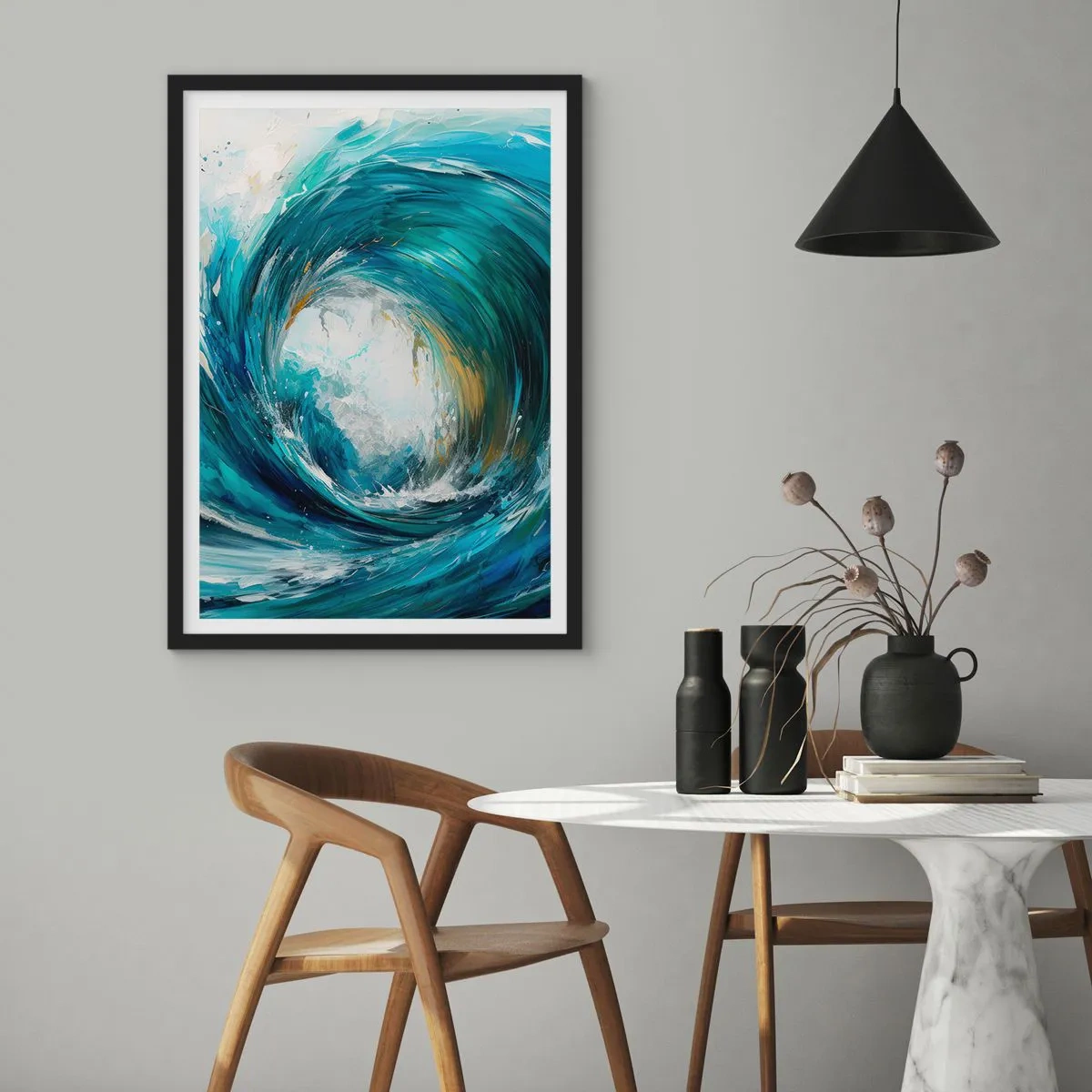 Plagát v čiernom ráme - Abstraktná vlna v odtieňoch tyrkysovej, modrej a bielej - 50x70cm - Morský portál - Moderná nástenná dekorácia do obývacej izby a spálne ARTTOR