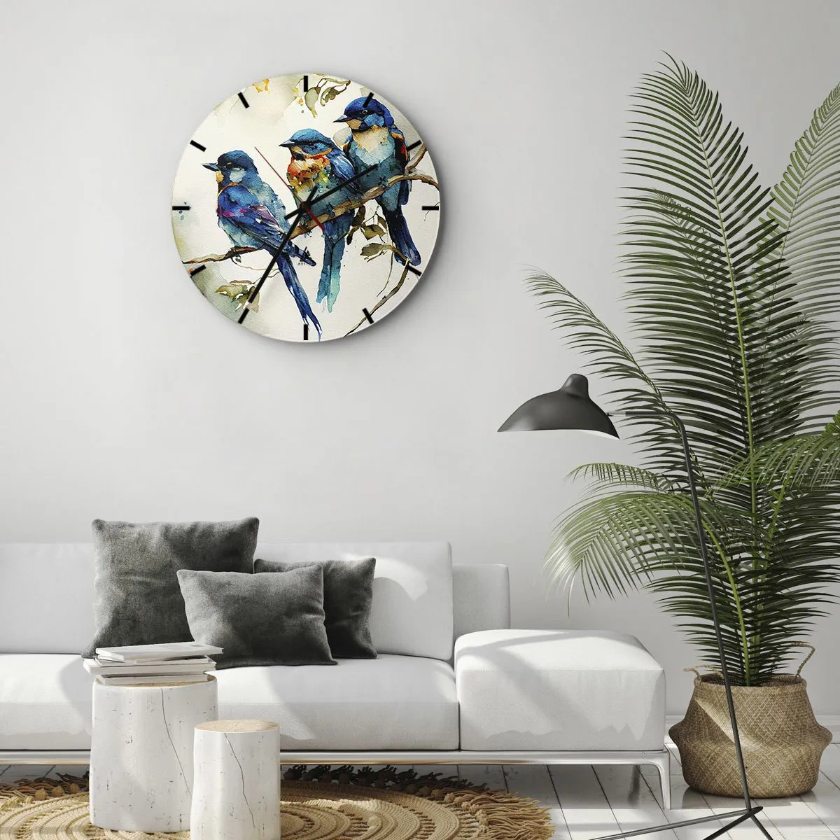 Nástenné hodiny - Farebné vtáky na konári v štýle akvarelovej ilustrácie - 30x30cm - Urazil sa? - Moderná nástenná dekorácia do obývacej izby, kuchyne a spálne ARTTOR