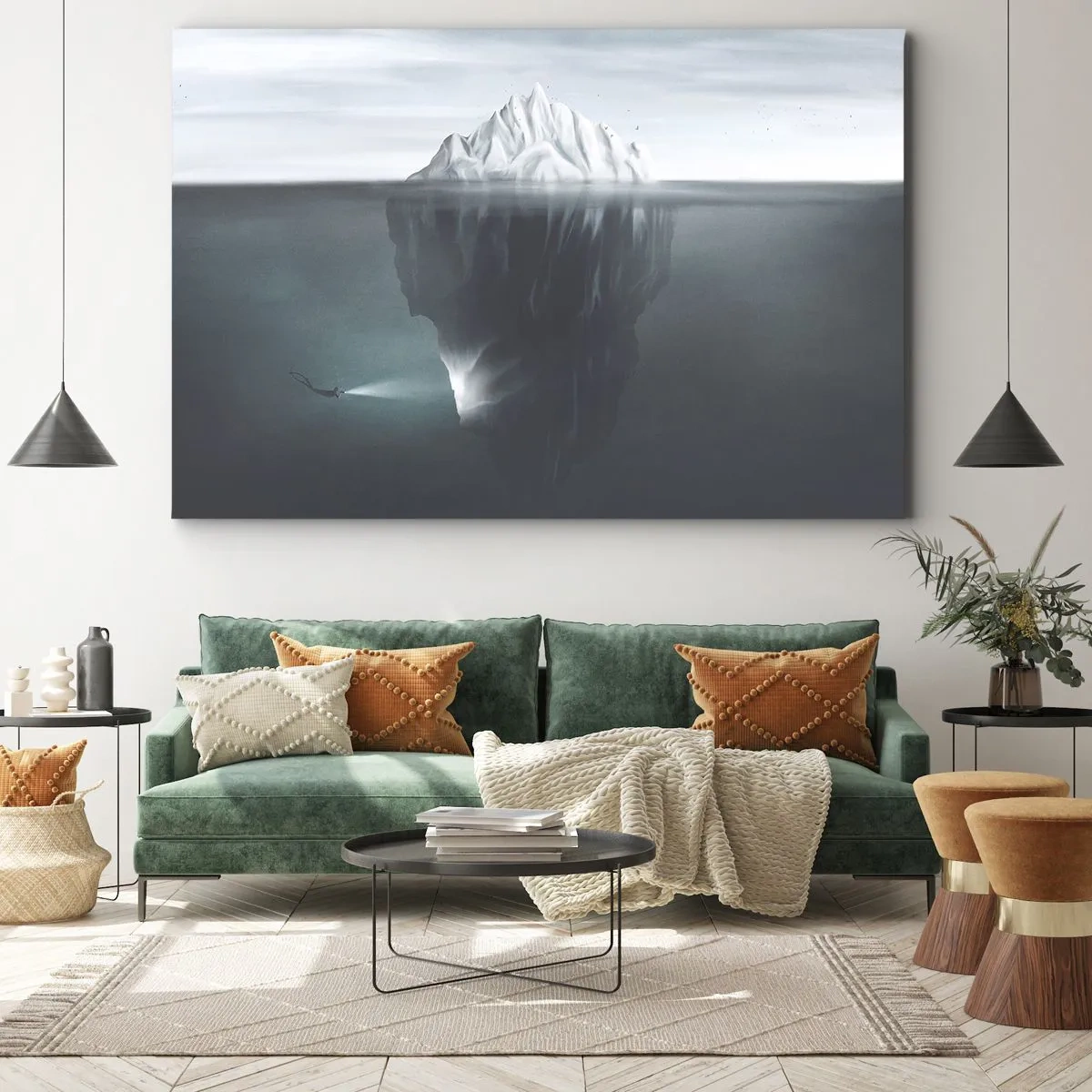 Obraz na plátne - Ľadovec vo vode s potápačom a svetlometom pod hladinou. - 70x50cm - Podvodné tajomstvo - Moderná nástenná dekorácia do obývacej izby a spálne ARTTOR