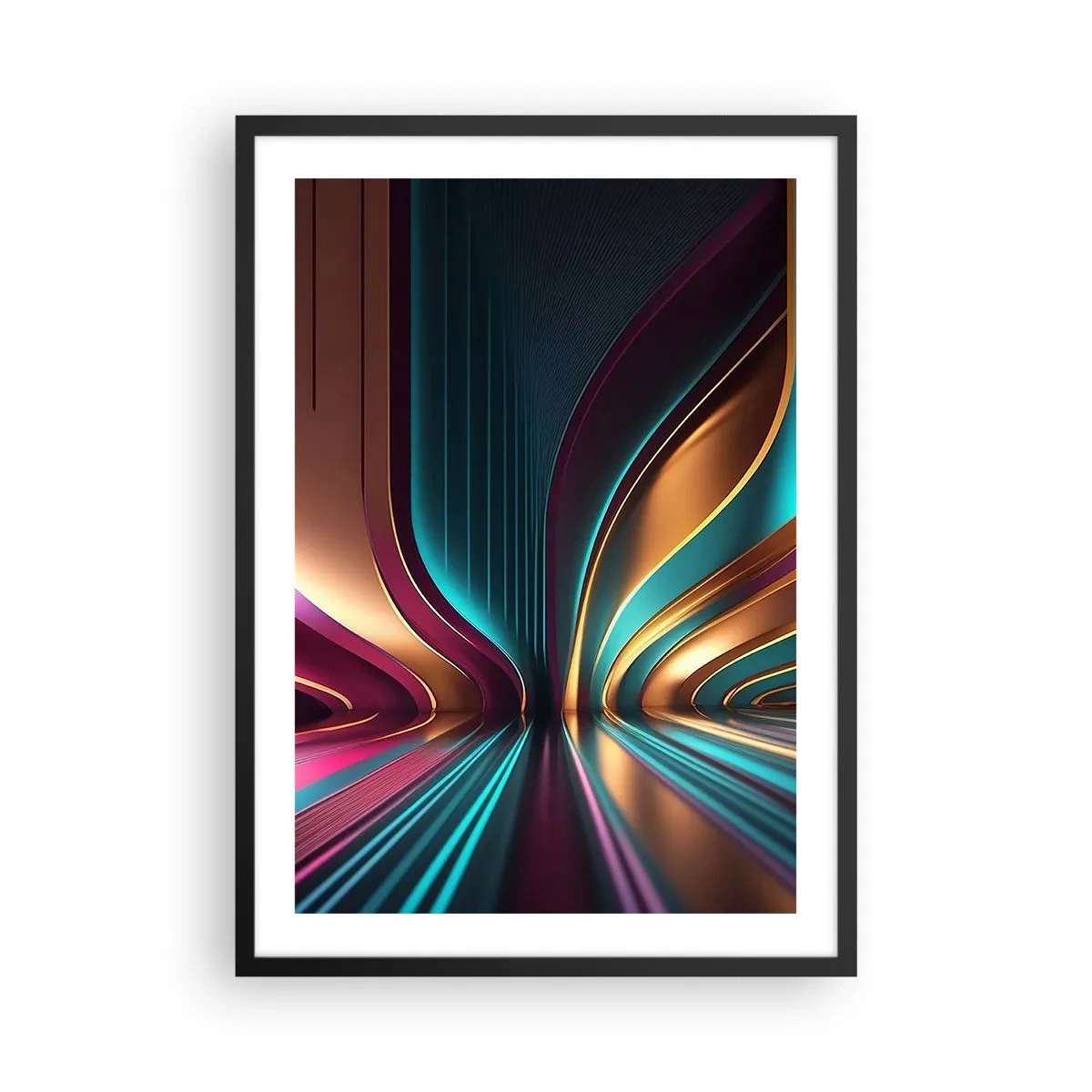 Plagát v čiernom ráme - Futuristická abstrakcia v zlatých a tyrkysových farbách - 50x70cm - Architektúra svetla - Moderná nástenná dekorácia do obývacej izby a spálne ARTTOR