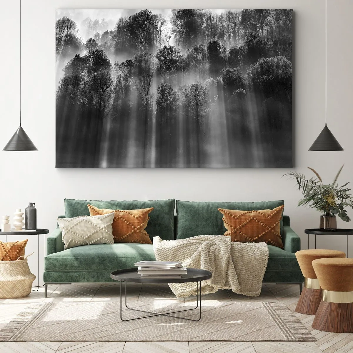 Obraz na plátne - Čiernobiely les v rannom svetle - 70x50cm - V lúčoch svetla - Moderná nástenná dekorácia do obývacej izby a spálne ARTTOR