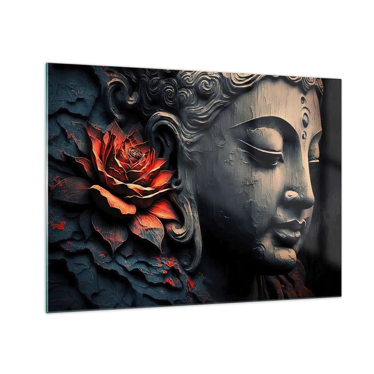 Obraz na skle - Profil meditujúcej postavy s červeným kvetom na tmavom pozadí. - 70x50cm - V súlade so svetom - Moderná nástenná dekorácia do obývacej izby a spálne ARTTOR
