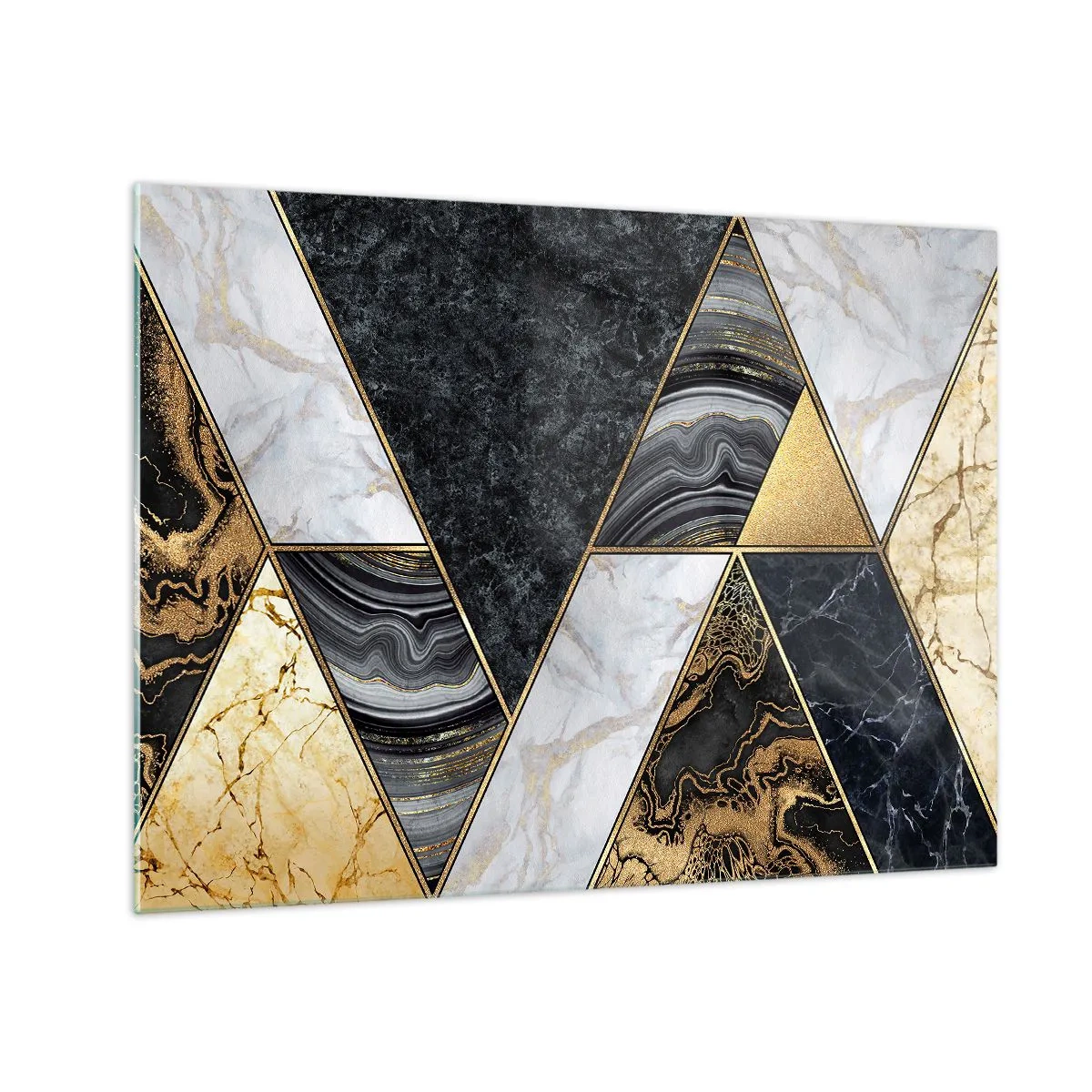Obraz na skle - Geometrický vzor z mramoru a zlatých trojuholníkov - 70x50cm - Kameň vedľa kameňa - Moderná nástenná dekorácia do obývacej izby a spálne ARTTOR