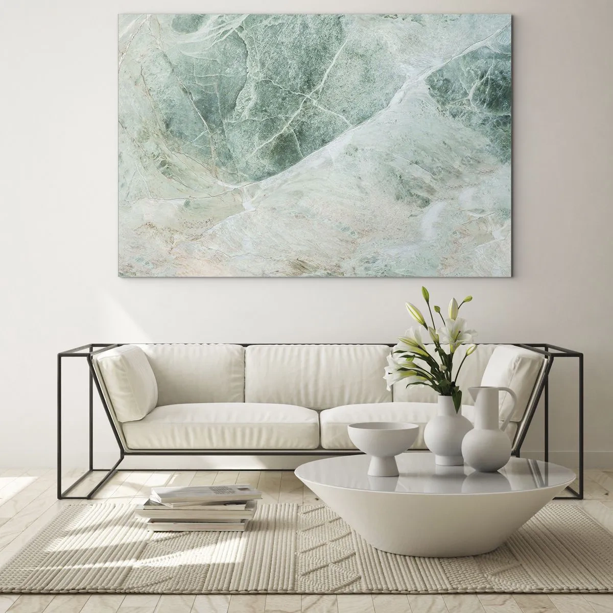 Obraz na skle - Zeleno-béžová textúra pripomínajúca prírodný kameň - 70x50cm - Vznešený chlad kameňa - Moderná nástenná dekorácia do obývacej izby a spálne ARTTOR