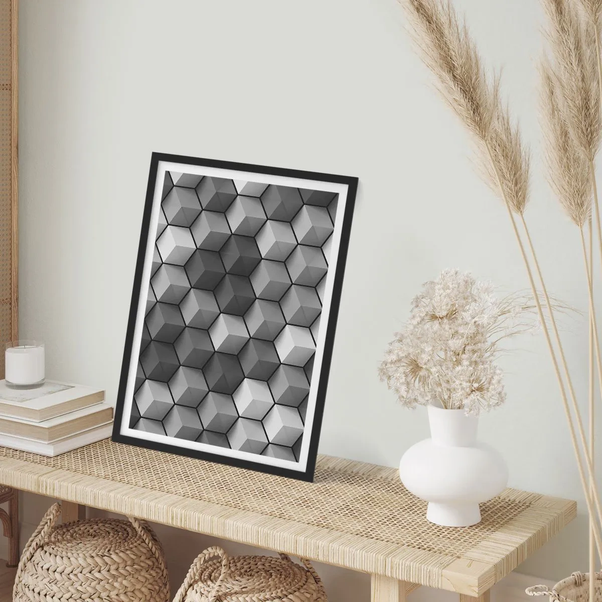 Plagát v čiernom ráme - Čiernobiele zloženie 3D geometrických kociek - 50x70cm - Kubistické puzzle - Moderná nástenná dekorácia do obývacej izby a spálne ARTTOR