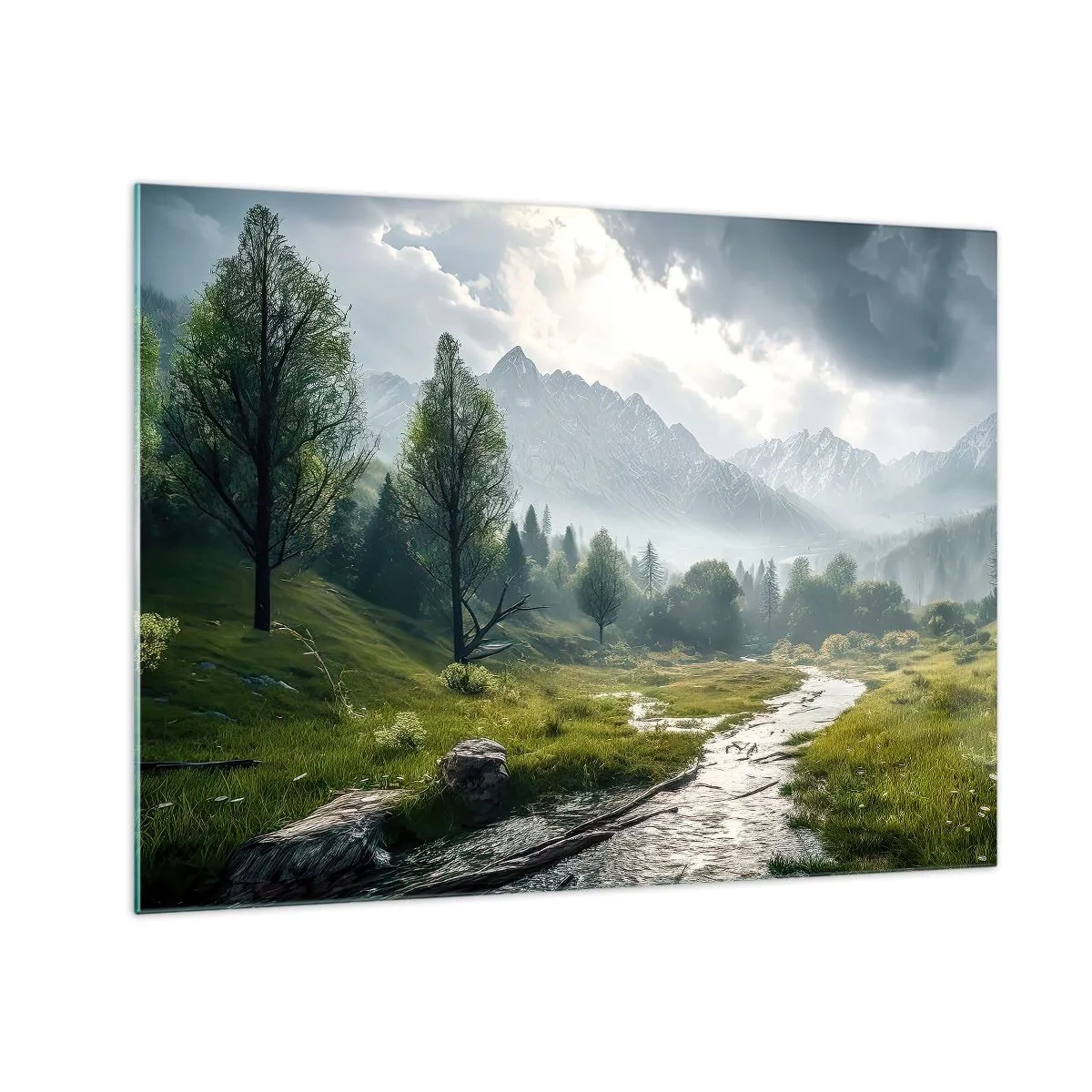 Obraz na skle - Horská krajina s potokom a zeleným údolím ráno - 70x50cm - Tam a späť - Moderná nástenná dekorácia do obývacej izby a spálne ARTTOR