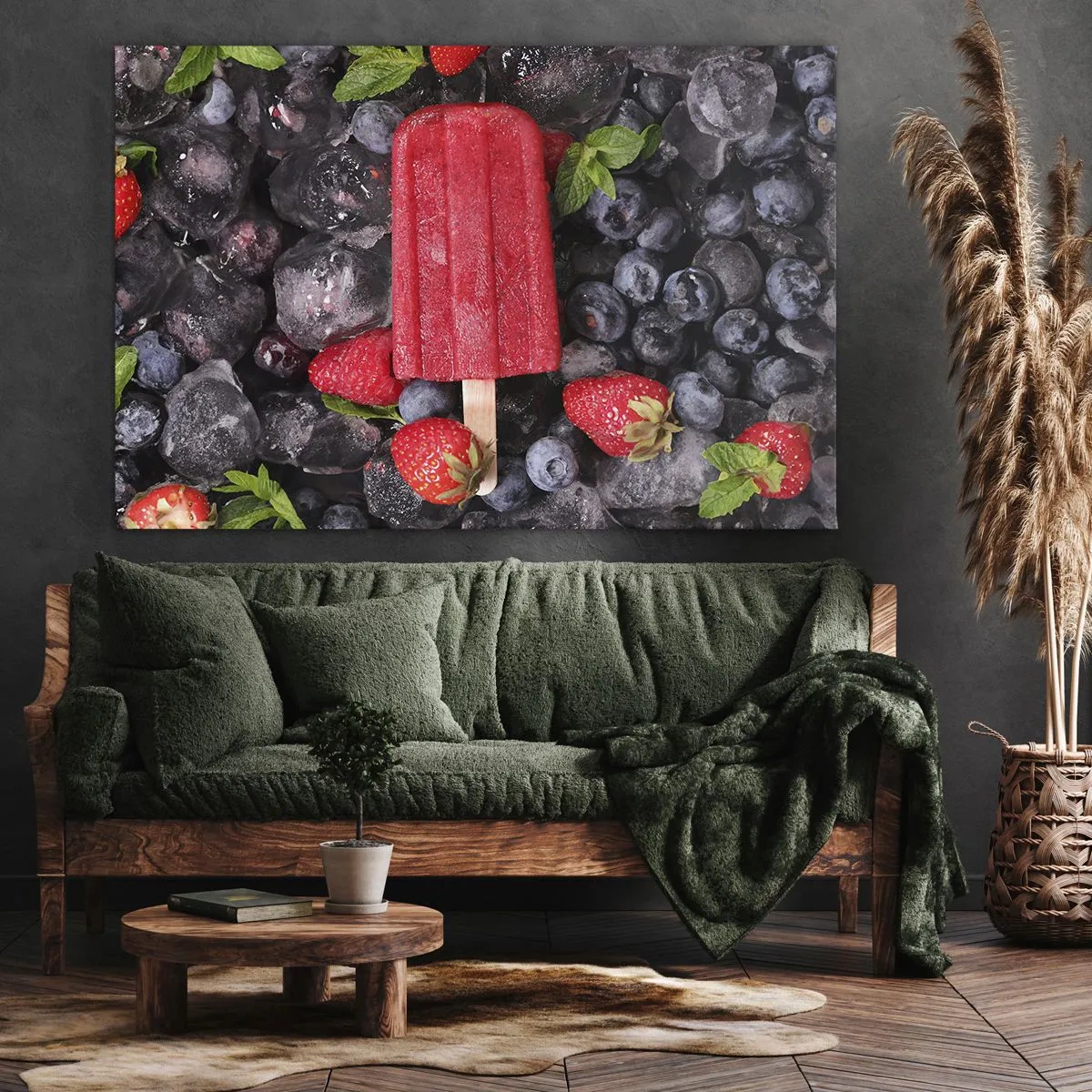 Obraz na plátne - Červený nanuk obklopený ovocím a ľadom - 70x50cm - Chuť horúceho leta - Moderná nástenná dekorácia do obývacej izby a spálne ARTTOR