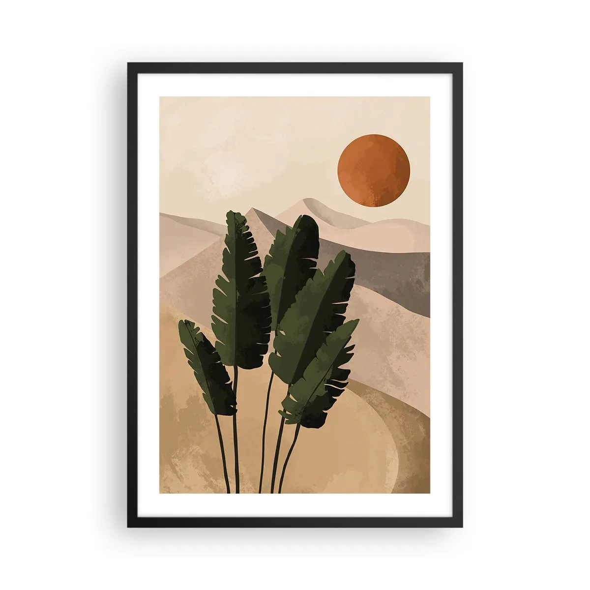 Plagát v čiernom ráme - Rastliny v púštnom prostredí so zapadajúcim slnkom, abstraktná krajina - 50x70cm - Triumf života - Moderná nástenná dekorácia do obývacej izby a spálne ARTTOR