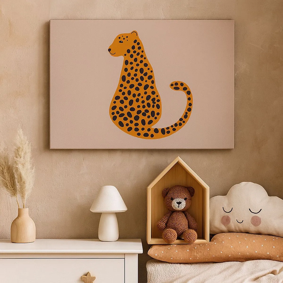 Obraz na plátne - Minimalistická kresba pantera na béžovom pozadí - 70x50cm - Leopardný vzor je v móde - Moderná nástenná dekorácia do obývacej izby a spálne ARTTOR