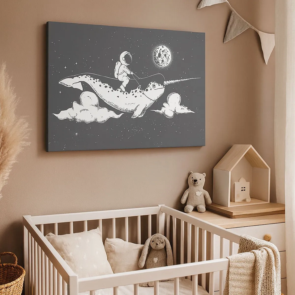 Obraz na plátne - Astronaut na chrbte narvala plávajúceho vo vesmírnej scéne. - 70x50cm - Vesmírny jazdec - Moderná nástenná dekorácia do obývacej izby a spálne ARTTOR