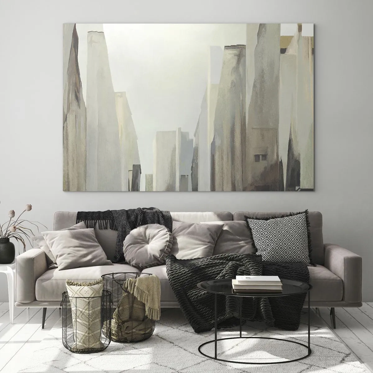 Obraz na skle - Abstraktná vízia mestských budov v tlmenej palete farieb - 70x50cm - Sen o meste - Moderná nástenná dekorácia do obývacej izby a spálne ARTTOR