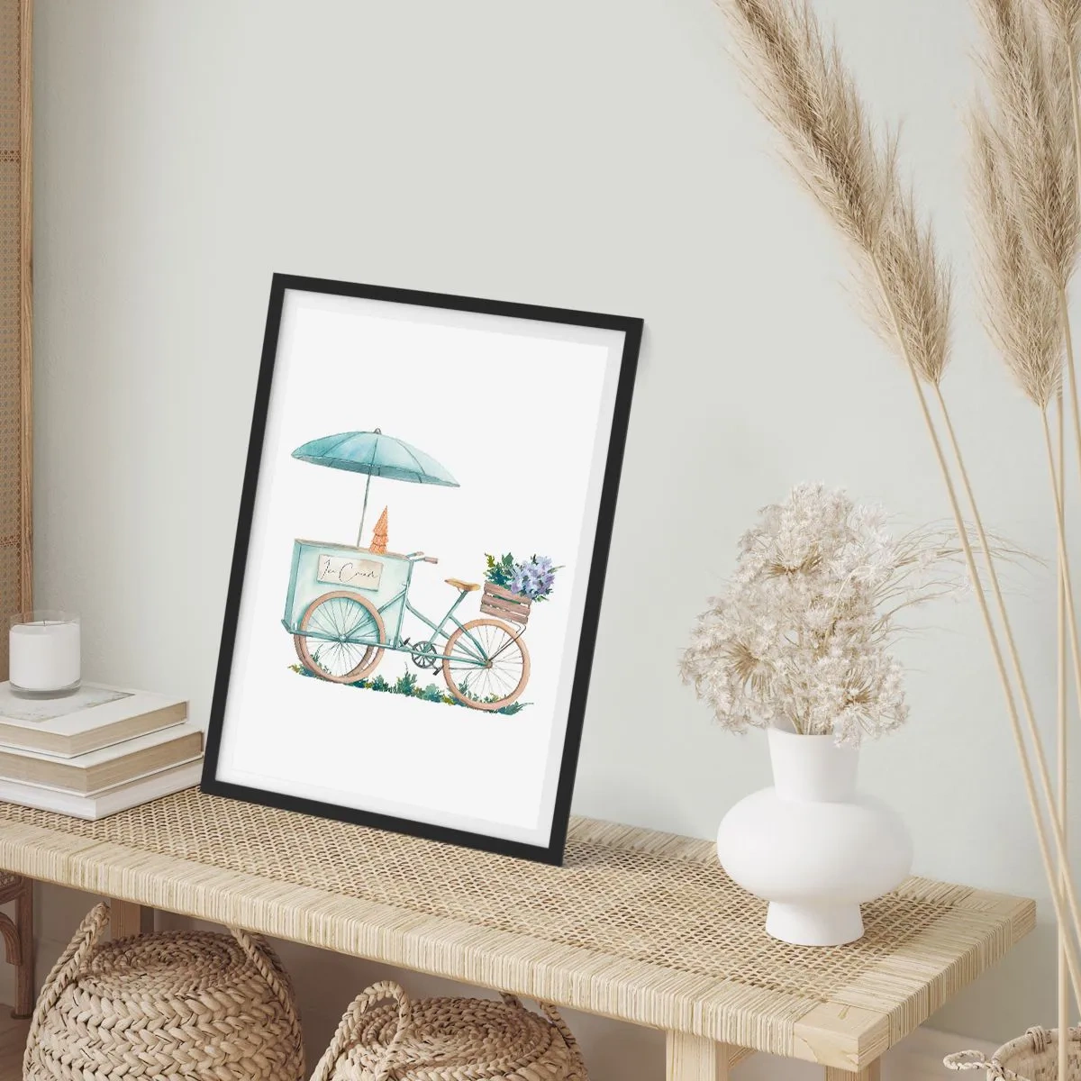 Plagát v čiernom ráme - Akvarelová ilustrácia bicykla so zmrzlinou a kvetmi. - 50x70cm - Sladká spomienka na leto - Moderná nástenná dekorácia do obývacej izby a spálne ARTTOR