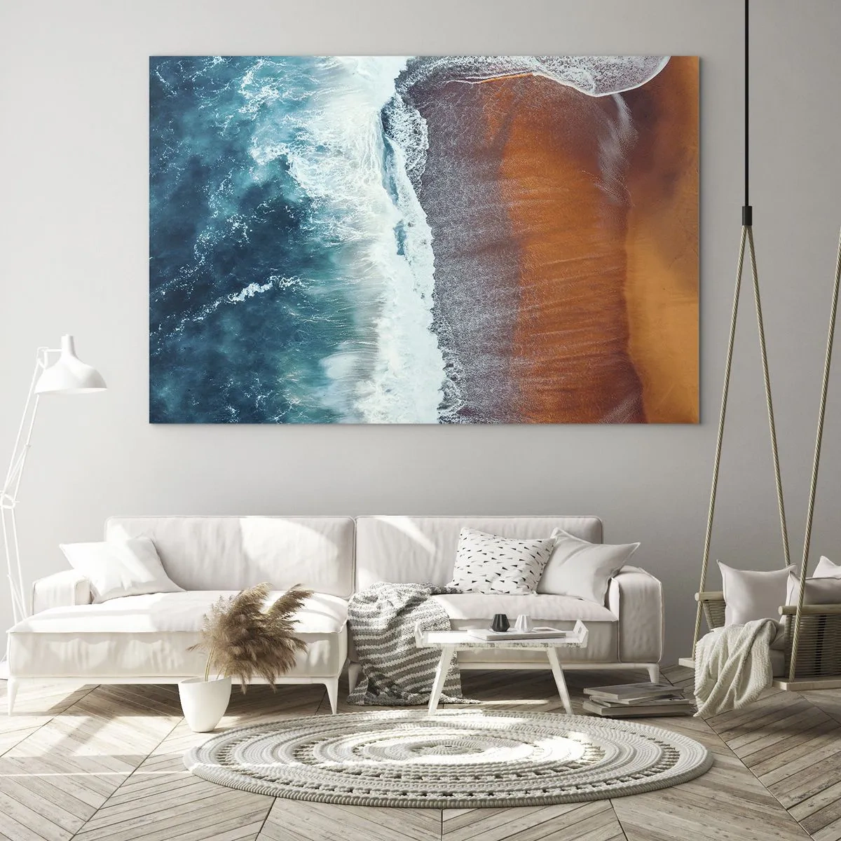 Obraz na skle - Letecký pohľad na hladinu oceánu a pobrežie pláže - 70x50cm - Dotyk oceánu - Moderná nástenná dekorácia do obývacej izby a spálne ARTTOR